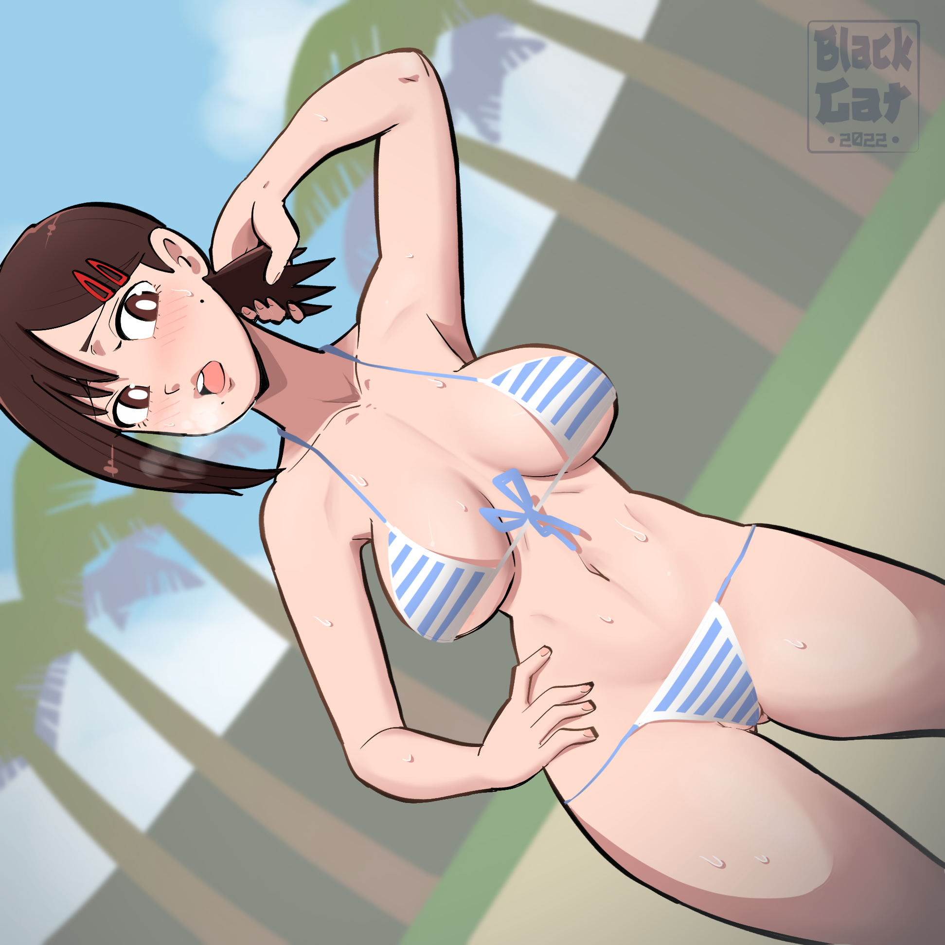 1girls, arm up, armpits, big breasts, bikini, black hair, blackcat18up, breasts, chainsaw man, eye contact, female, higashiyama kobeni, light skin, looking at viewer, solo, solo female, standing, thick thighs, thighs