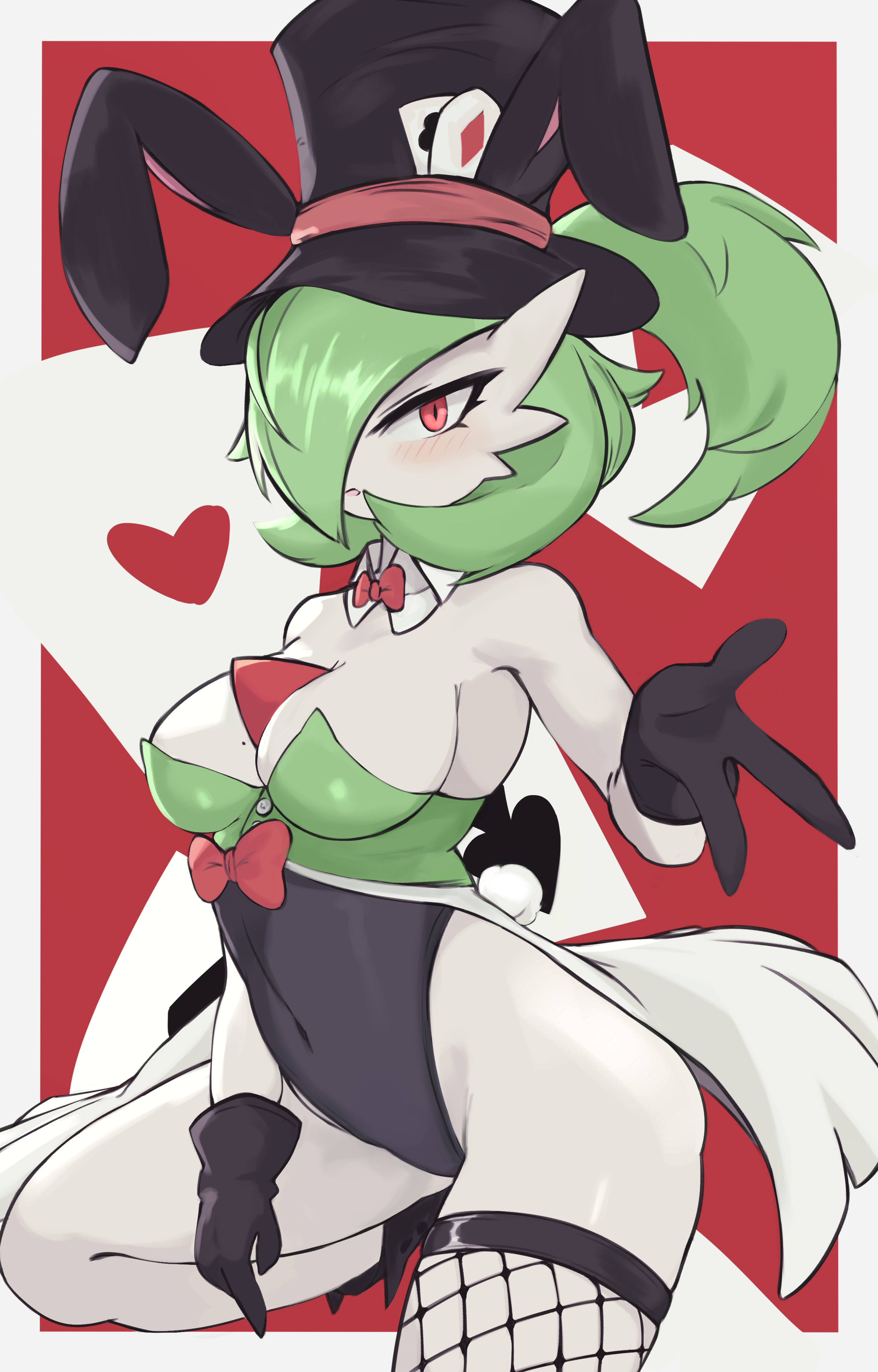 1girls, absurd res, athletic, athletic female, bent leg, blush, breasts, bunny ears, bunny tail, bunnysuit, detached collar, female, female only, fishnet stockings, fishnets, gardevoir, gloves, green hair, heart, looking at viewer, neck ribbon, nintendo, pokémon (species), pokemon, pokemon (species), ponytail, red eyes, solo, top hat, yoru vida