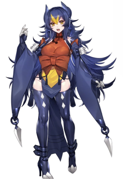 1girls, bare thighs, blank background, blue hair, bow, breasts, busty, clothing, dragon, dragon girl, female, female garchomp, female only, garchomp, gijinka, gloves, high heels, horns, katagiri hachigou, long hair, nintendo, pokémon (species), pokemon, pokemon (species), pokemon dppt, thighhighs, white background, yellow eyes