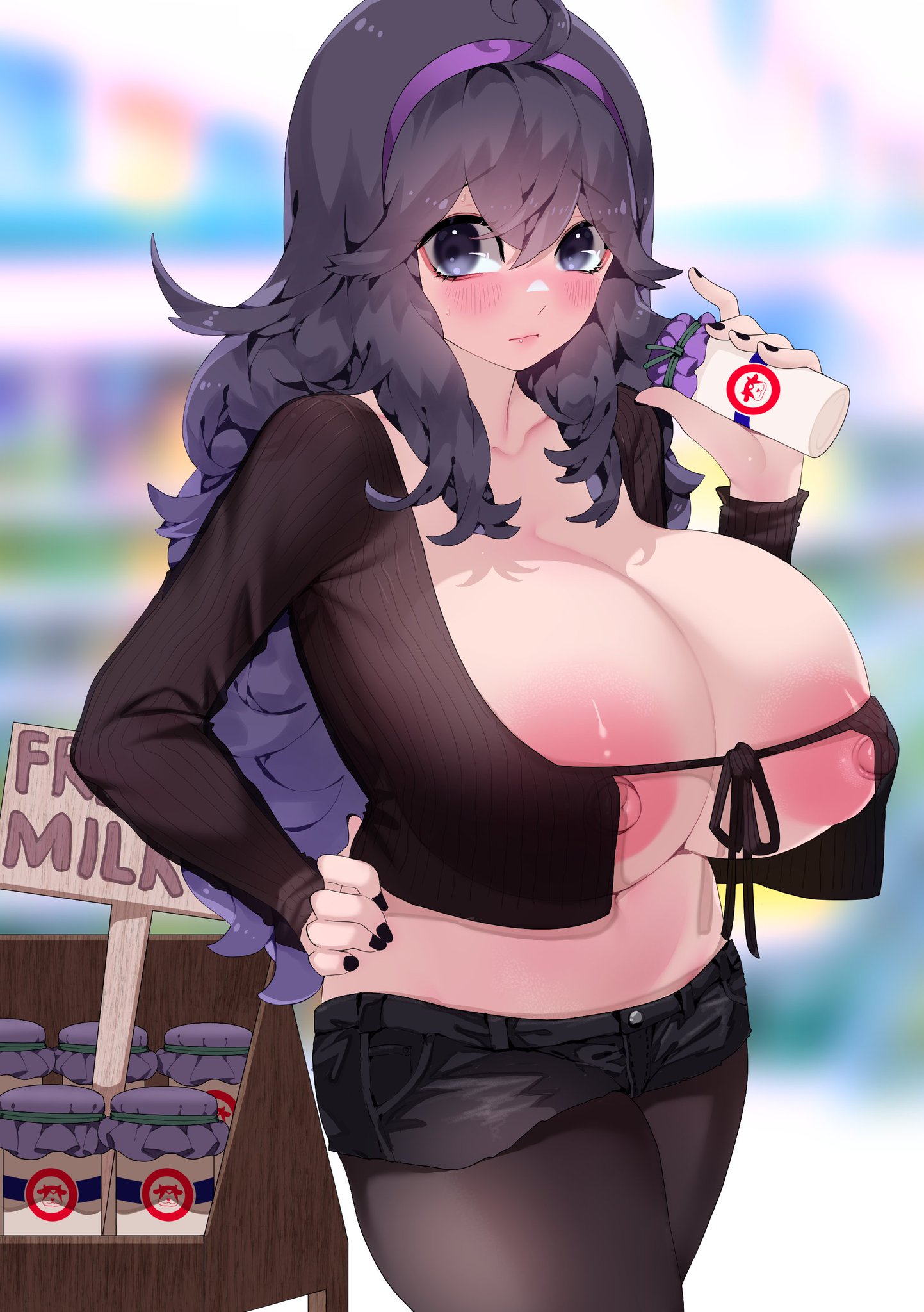 1girls, 2022, alternate breast size, big breasts, breasts, bulge through clothing, bulging breasts, commission art, erect nipples, female, game freak, goth, hex maniac, high resolution, higher resolution available, huge breasts, long hair, looking at viewer, nintendo, nipples, nipples visible through clothing, no bra, pink nipples, pokemon, pokemon xy, solo female, sumisumii, tagme, violet hair