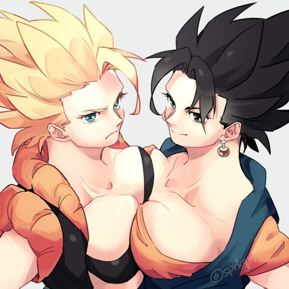 2022 2girls big_breasts big_butt bubble_butt bulging_breasts bunny_ears bunny_girl bunnysuit dragon_ball dragon_ball_z female_gogeta female_only female_vegito fishnet_stockings gogeta green_hair high_resolution rule_63 super_saiyan vegito