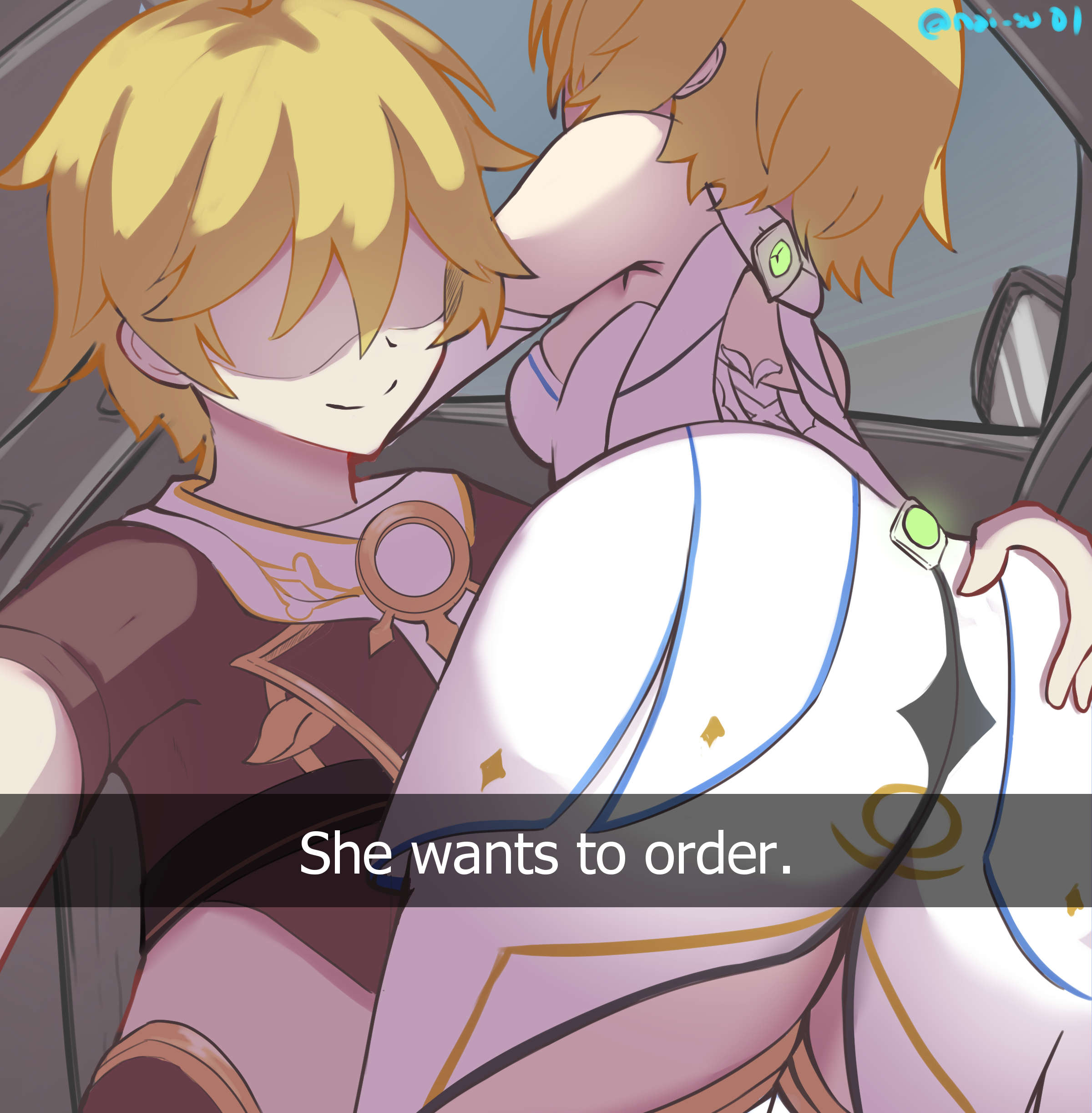1boy, 1girls, aether (genshin impact), ass, ass focus, ass grab, big ass, black shirt, blonde hair, brother and sister, car, car interior, crop top, dress, english text, female, genshin impact, hair over eyes, hand on ass, he wants to order, hoyoverse, incest, large ass, lumine (genshin impact), male, meme, mihoyo, naisu, shaded face, she wants to order, short dress, sleeveless, sleeveless dress, smile, tagme, text, twincest, twins, white dress