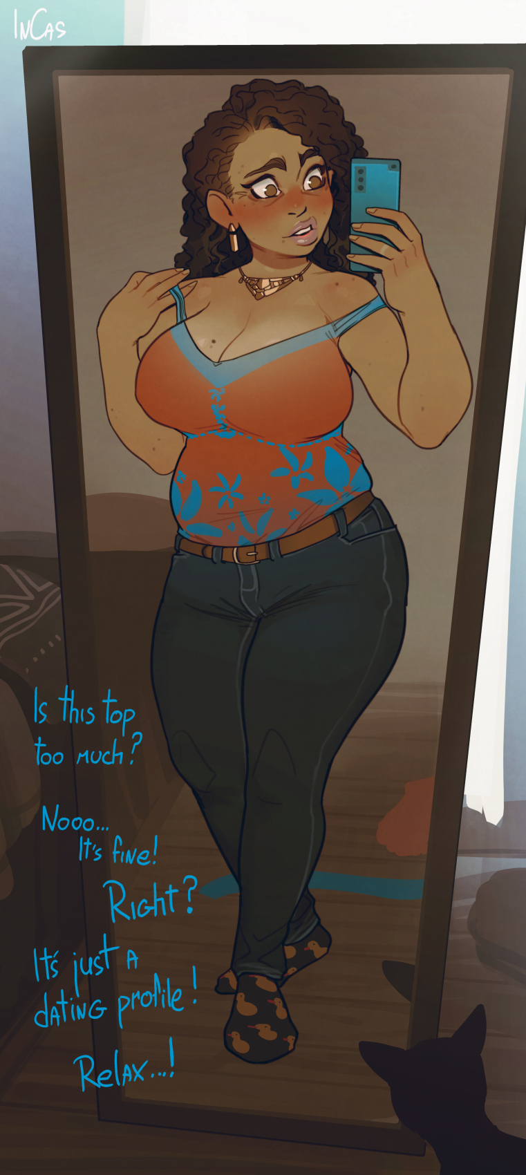 1girls, big breasts, blush, breasts, brown eyes, brown hair, chubby, chubby female, clothing, curly hair, dark skin, dark-skinned female, dialogue, english text, female, female only, hi res, incase, long hair, looking at phone, mature female, milf, mirror, mirror reflection, mirror selfie, phone, selfie, slightly chubby, solo, thick thighs