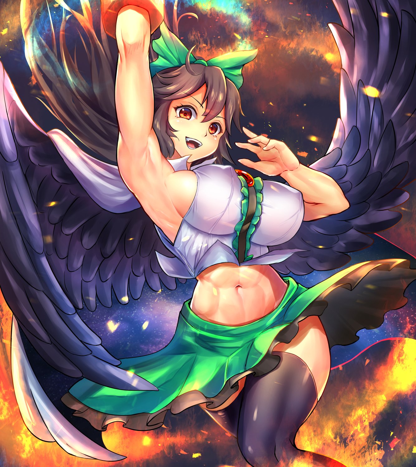 1girls 2d 2d_(artwork) abs arm_up armpit bare_shoulders belly big_breasts black_stockings black_wings brown_hair cape clothed_female exposed_belly exposed_thighs fire fire_background flames green_bow green_skirt light-skinned_female long_hair looking_at_viewer muscular muscular_female nipples_visible_through_clothing open_mouth orange_eyes puck100ml smile smiling smiling_at_viewer solo stockings thick_thighs touhou two_tone_clothing utsuho_reiuji white_cape white_shirt wings youkai