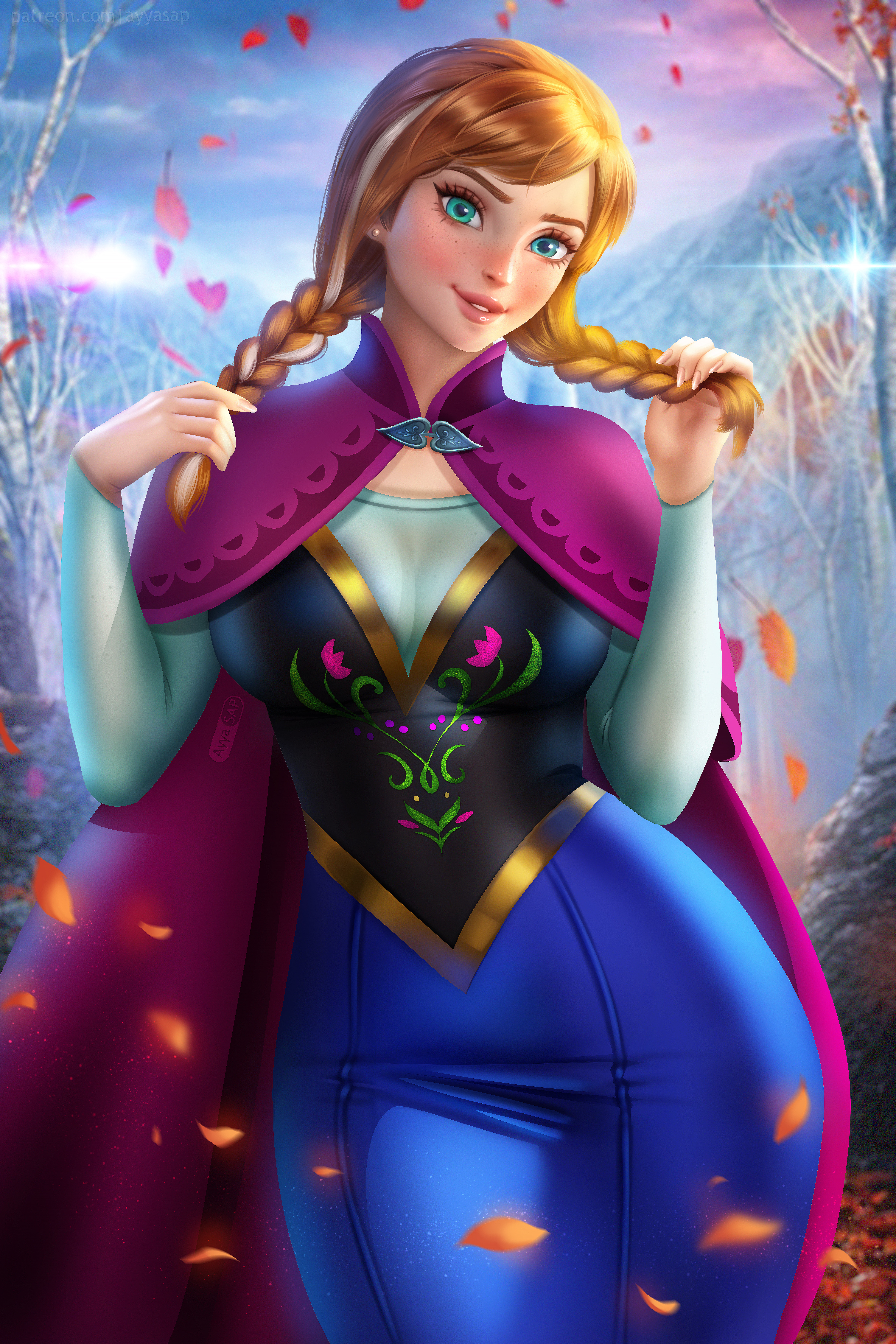 anna (frozen), ayyasap, breasts, clothing, disney, dress, female, frozen (film), hourglass figure, large breasts, long skirt, long sleeves, looking at viewer, ponytail, red hair, slim, small breasts, standing, thick thighs, tight clothing, turquoise eyes, white hair, wide hips