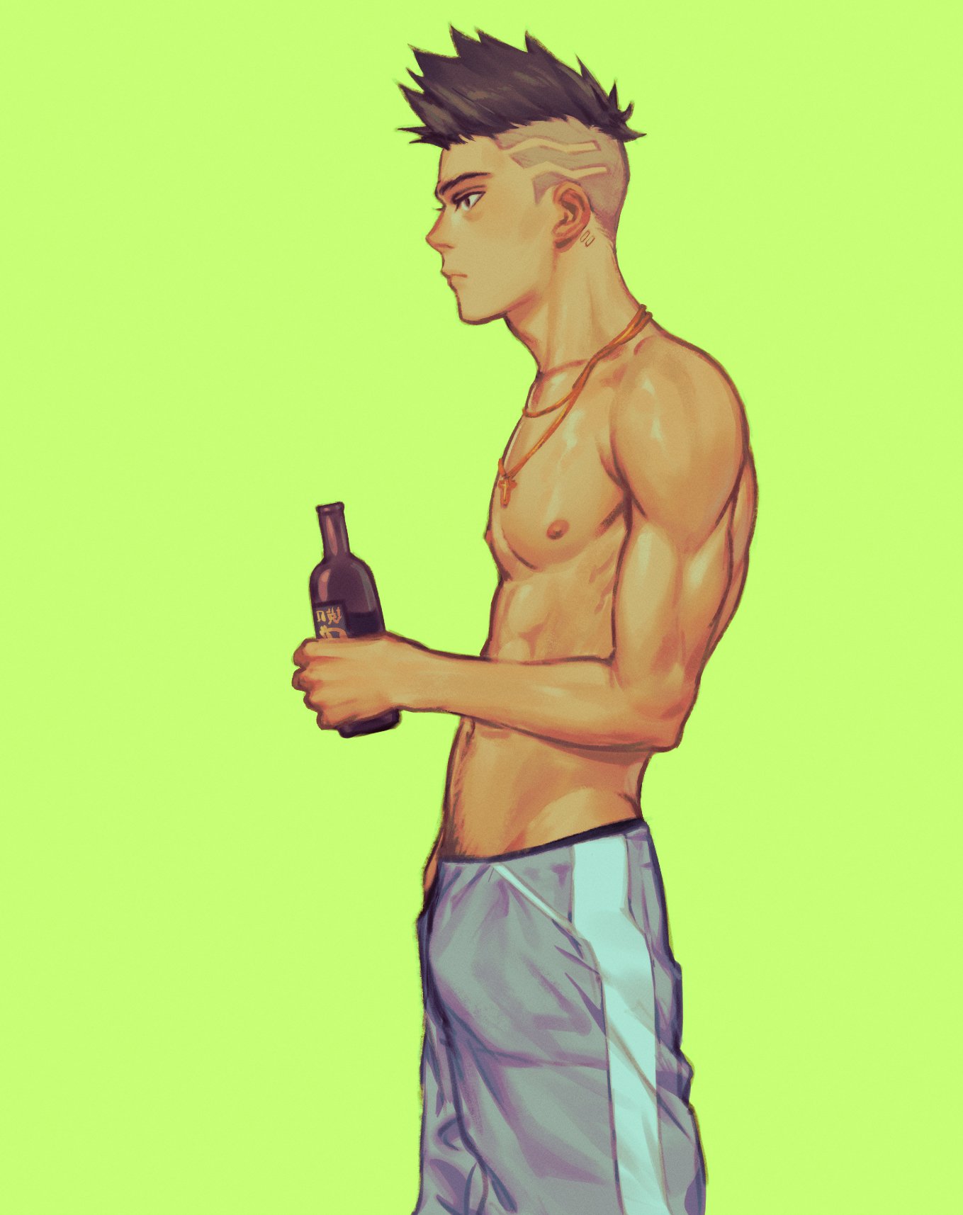 1boy abs bottle bulge cd_projekt_red cyberpunk:_edgerunners cyberpunk_2077 david_martinez_(edgerunners) drinking lad male male_only muscles netflix partially_clothed pecs profile shirtless shourai_kun solo studio_trigger topless topless_male