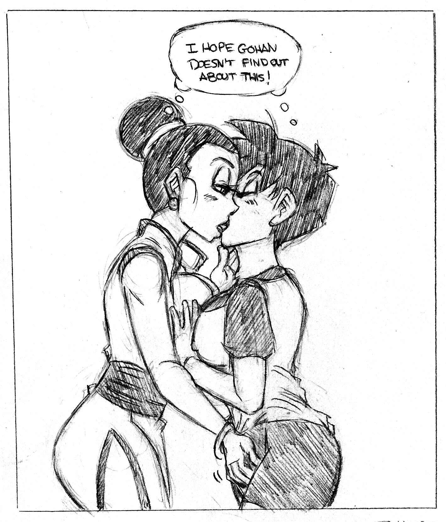 2girls, ass, big ass, big butt, black hair, breast press, breasts, chichi, clothing, crotch rub, dragon ball, dragon ball z, female, female only, female/female, funsexydragonball, hair bun, in-lawcest, kissing, lesbian kiss, mother-in-law and daughter-in-law, short hair, shounen jump, sketch, son gohan, text, thick thighs, thought bubble, tongue kiss, videl, yuri