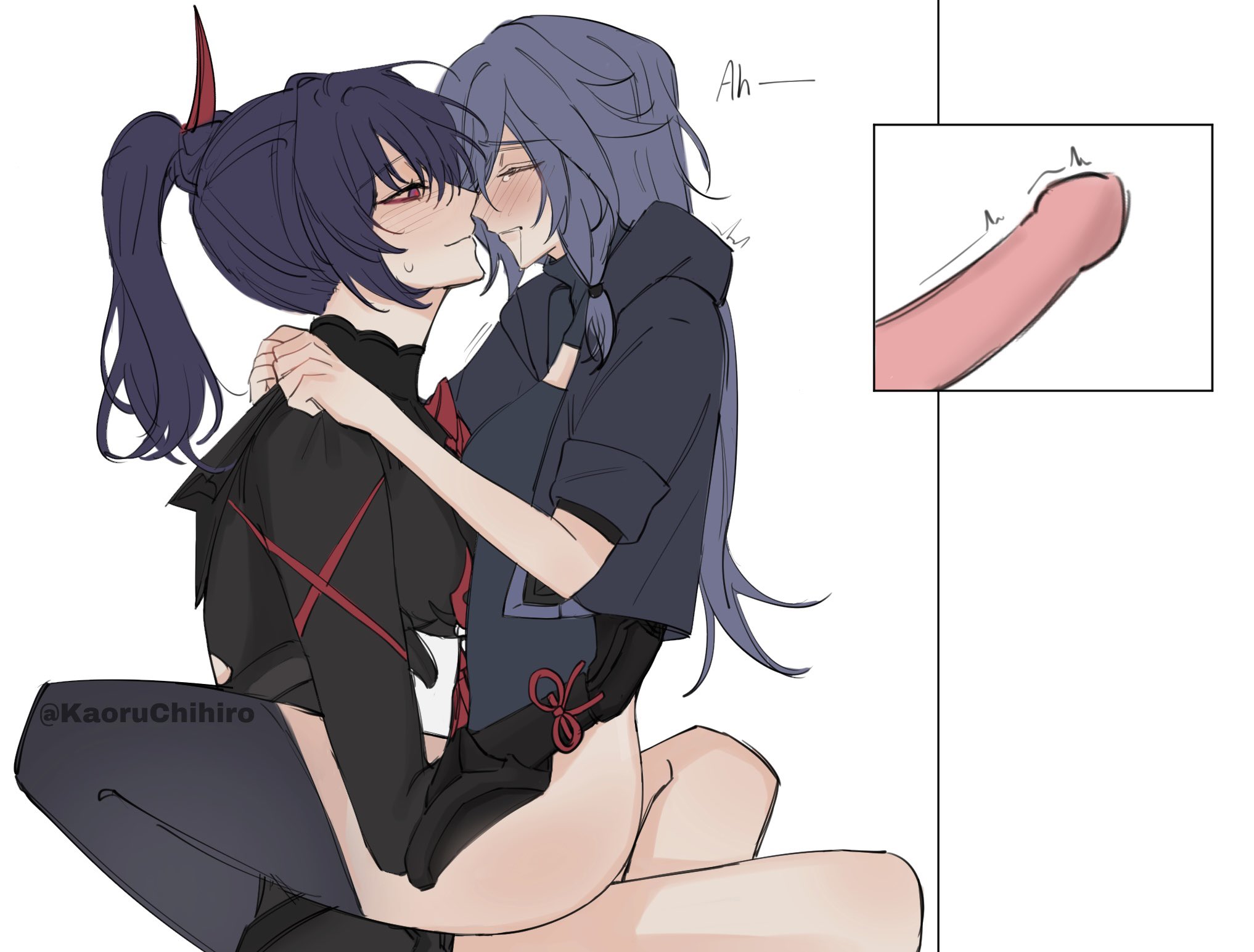 1futa, 1girls, ambiguous penetration, blush, bottomless, chihiro (chrnt), clothed, clothing, cowgirl position, duo, erection, female, fu hua, futa on female, futanari, holding onto partner, honkai impact 3rd, human, intersex, light skin, light-skinned female, light-skinned futa, partially clothed, penetration, penis, ponytail, raiden mei, riding penis, sitting on lap, straddling, straddling lap