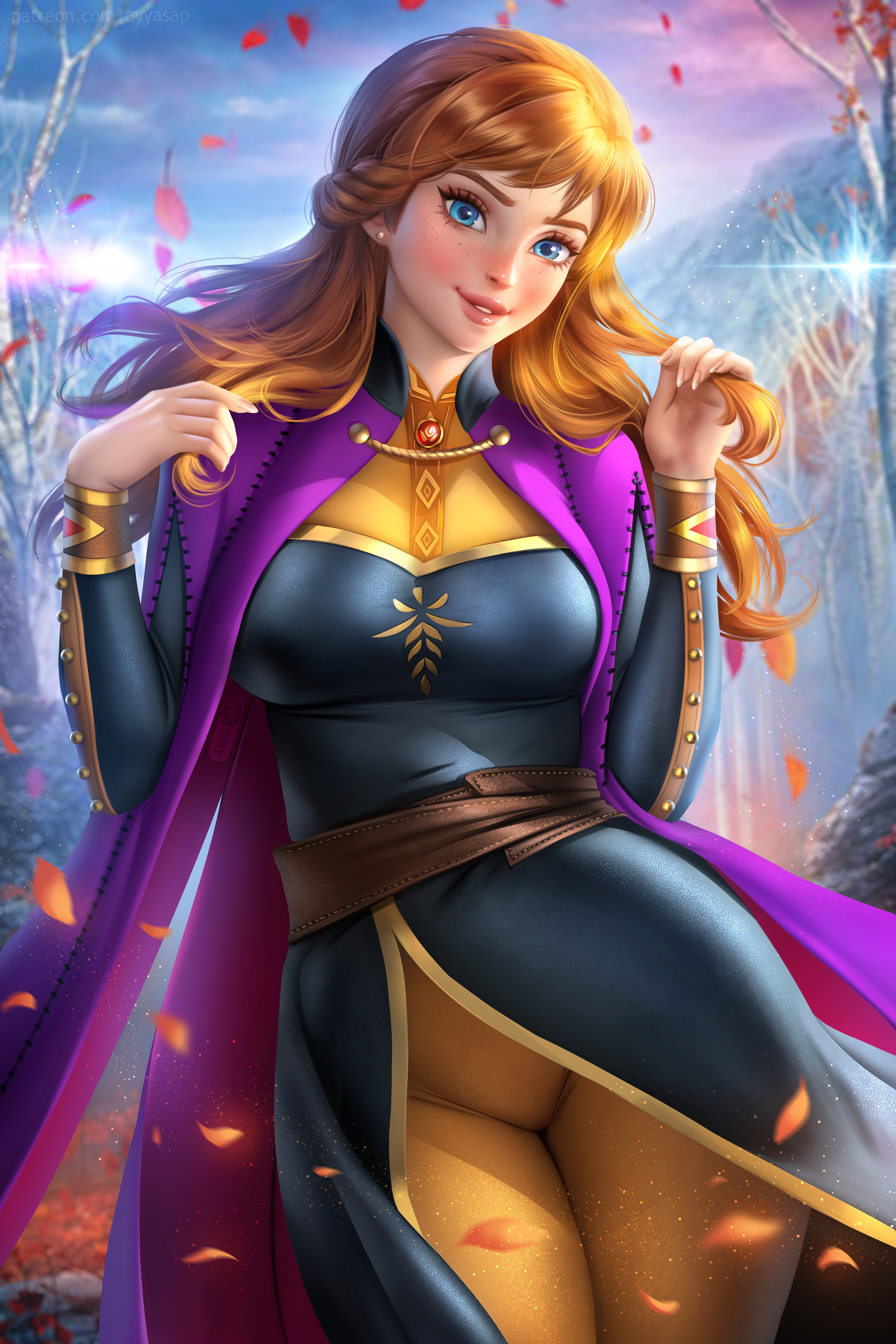 anna (frozen), ass, ayyasap, big ass, breasts, cape, clothing, crotch outline, disney, female, frozen (film), frozen 2, large ass, large breasts, slim waist, small breasts, standing, thick thighs, tight pants, wide hips