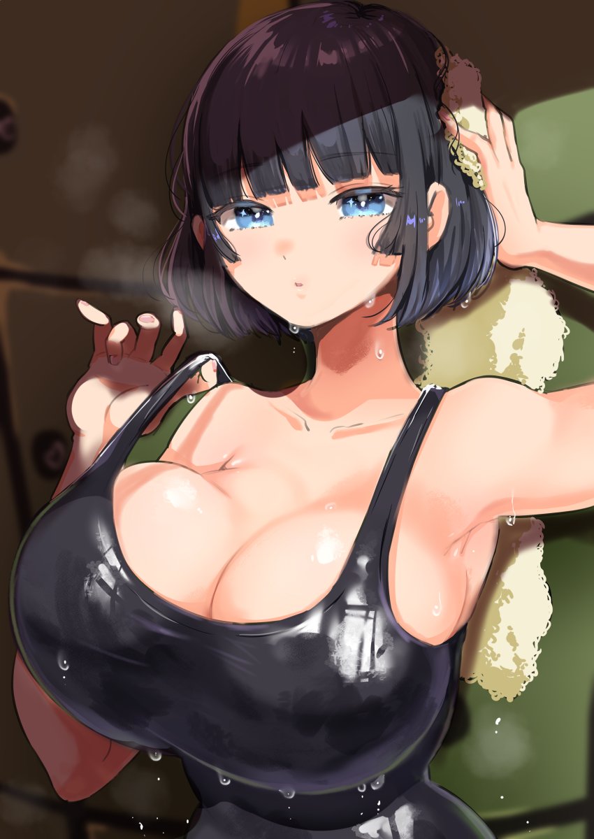 bangs bare_shoulders black_hair black_tank_top blue_eyes blunt_bangs breasts cleavage drying female highres large_breasts original short_hair solo strap_pull tank_top towel upper_body wet yac_(mokkori)