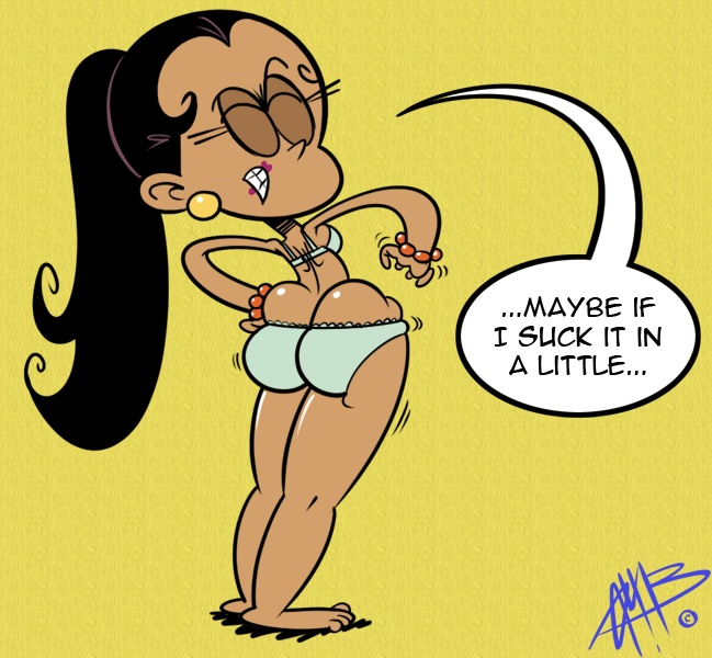 1girls, ass, big ass, big butt, bikini, black hair, carlota casagrande, closed eyes, dialogue, english text, female, female only, gl!b (artist), inconvenient ass, inconvenient butt, ponytail, solo, speech bubble, struggling to fit, text, the casagrandes, the loud house, tight clothes, tight clothing, wardrobe malfunction