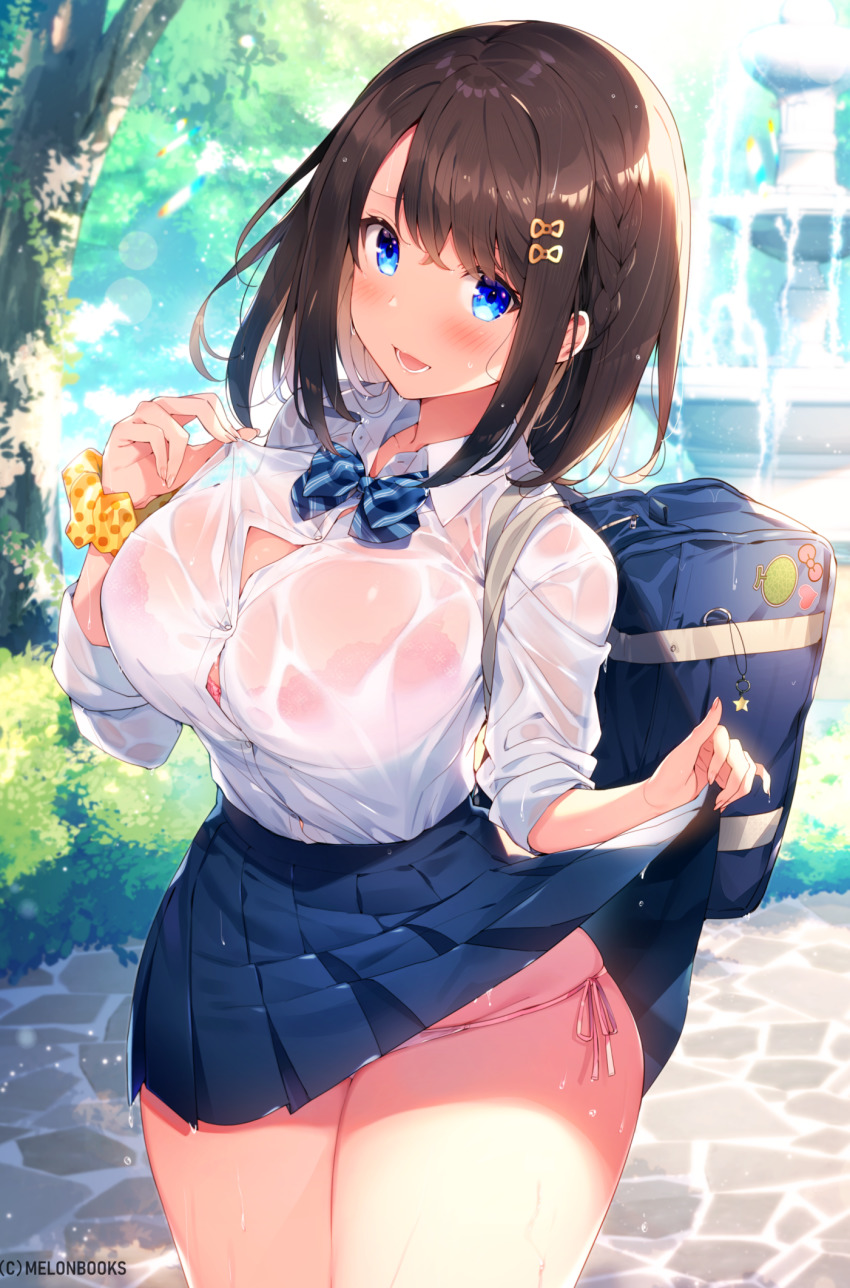 :d bag bangs big_breasts blue_bow blue_eyes blue_skirt blush bow bra bra_visible_through_clothes breasts brown_hair bush button_gap clothes_lift clothes_pull cobblestone collared_shirt commentary_request curvy day dress_shirt female fountain hair_ornament hairclip highres kat_(bu-kunn) large_breasts medium_hair miniskirt open_mouth original outdoors panties pink_bra pink_panties pleated_skirt school_bag school_uniform scrunchie see-through shirt shirt_pull side-tie_panties skirt skirt_lift sleeves_rolled_up smile standing sweat thighs tree underwear wet wet_clothes white_shirt wrist_scrunchie