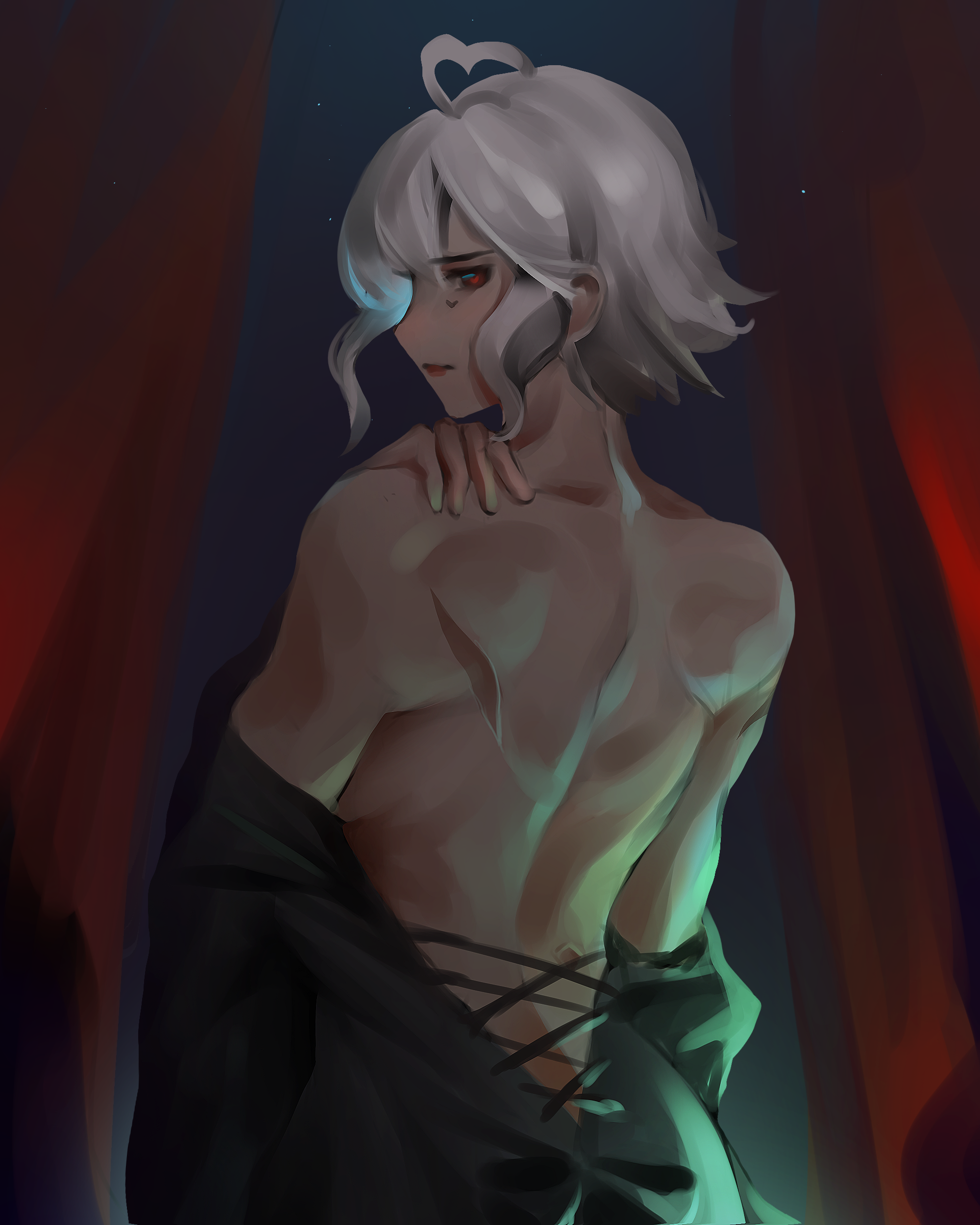 1girls, androgynous, annoyed, back, black dress, buddy (buddies), female, marking below eyes, muscular, muscular female, oc, painterly, painting (artwork), red eyes, scars, short hair, shy, tomboy, white hair