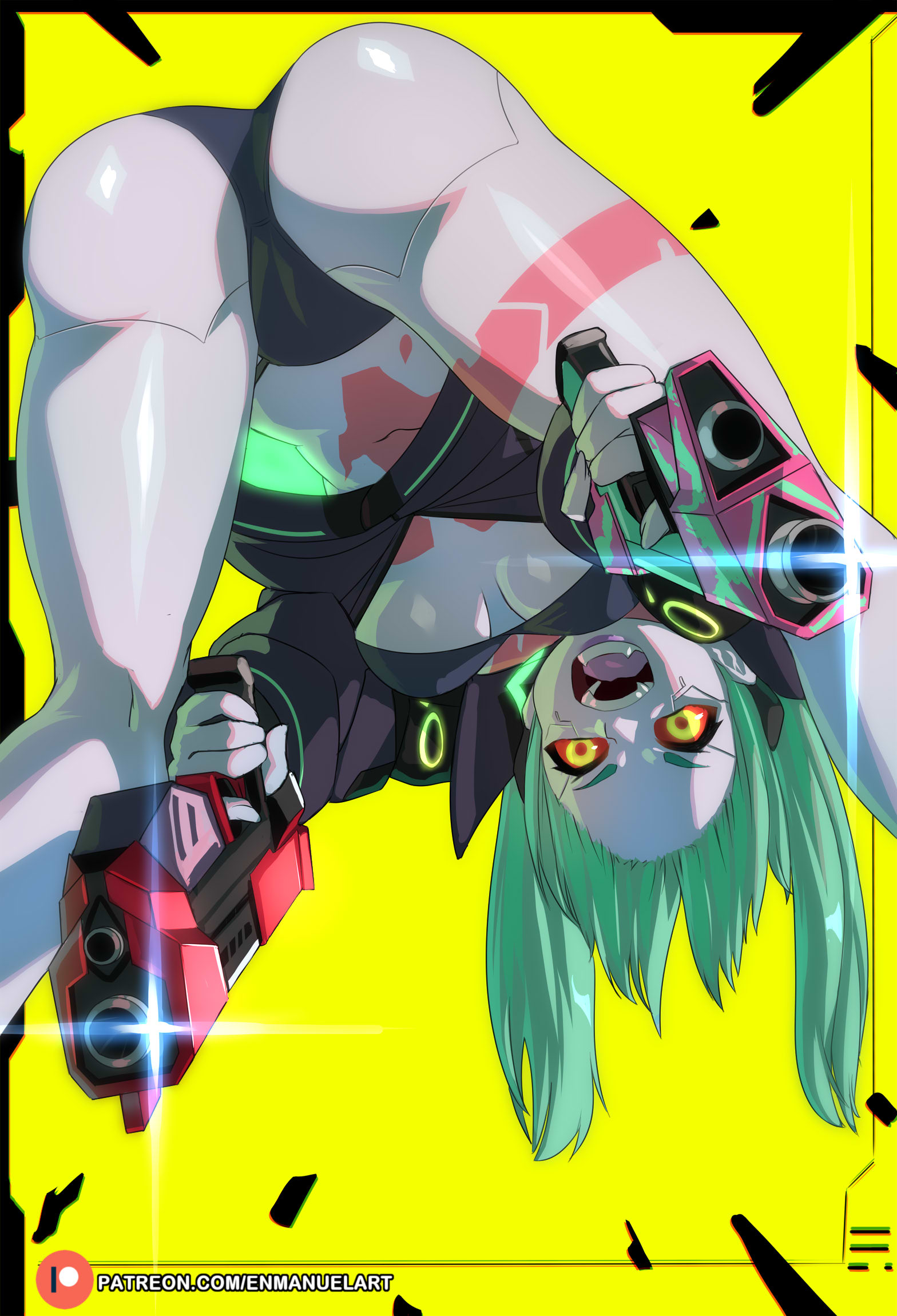 ass, back view, big ass, big butt, clothing, cybernetics, cyberpunk 2077, cyberpunk: edgerunners, cyborg, enmanuelart20, female, female only, firearm, green eyes, gun, handgun, human, light blue hair, looking at viewer, looking back, outerwear, pale skin, pointing gun, rebecca (edgerunners), red sclera, small eyebrows, small nose, smile, solo, solo female, standing, thick thighs, thighs, very small nose1girls, weapon