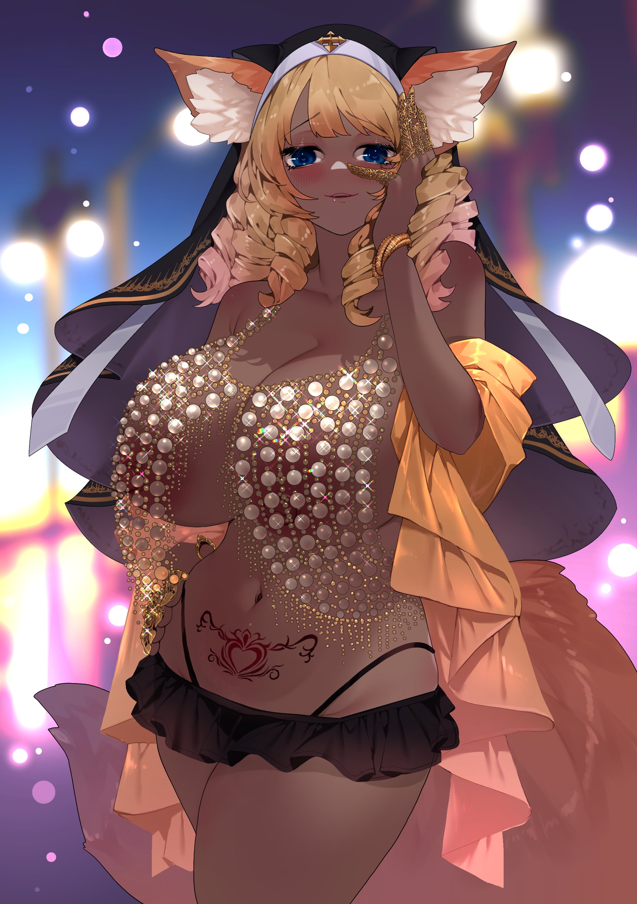 1girls, 2022, animal ears, areolae, black panties, blonde hair, blue eyes, breasts, brown skin, commission, dark skin, dark-skinned female, female, female only, hi res, hips, huge breasts, large areolae, long hair, looking at viewer, naughty face, original, original character, outdoors, panties, pubic tattoo, revealing clothes, short skirt, skirt, slim waist, suggestive look, sumisumii, thick thighs, thighs, thong, wide hips