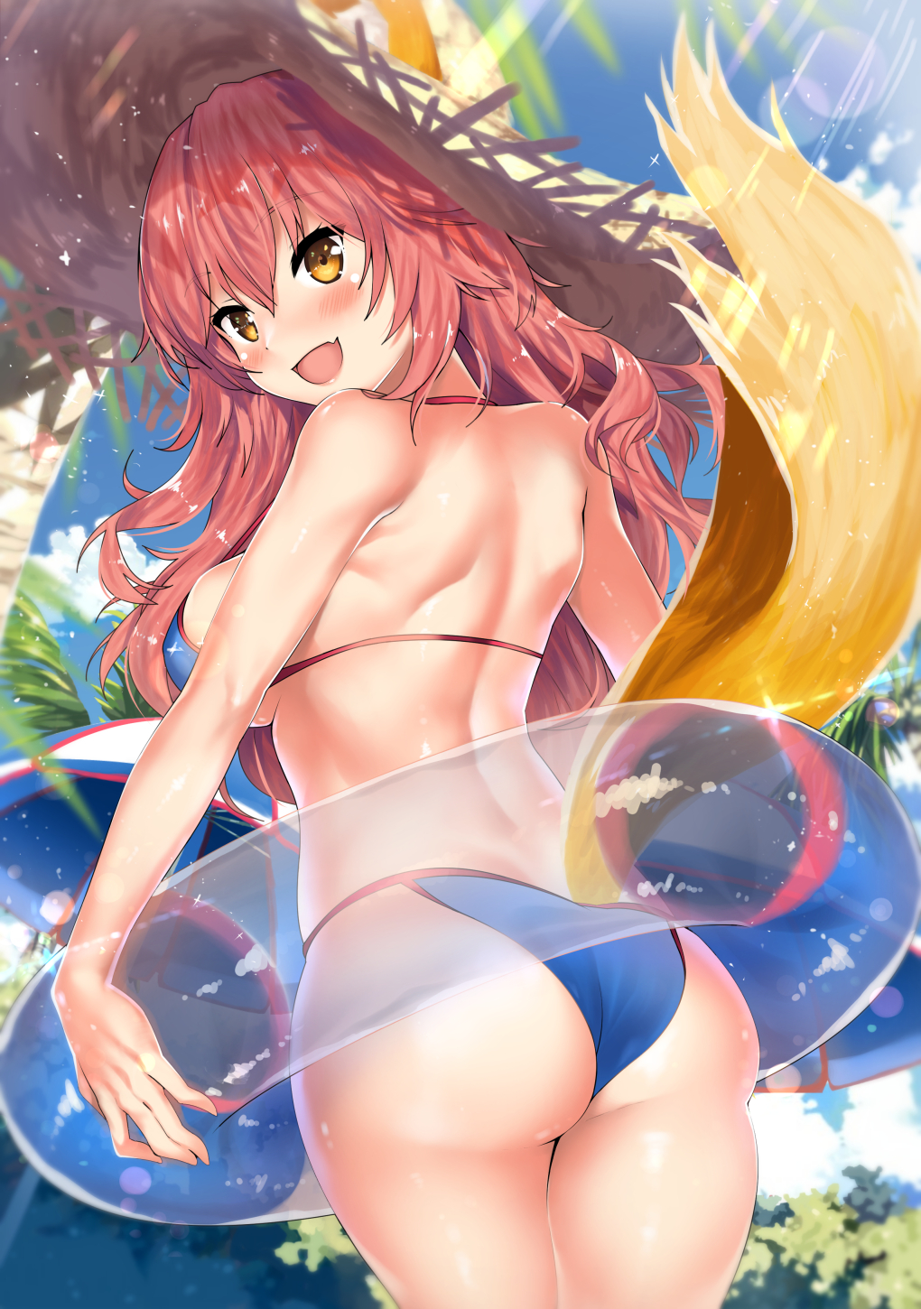 animal_ears ass back bangs bare_shoulders bikini blue_bikini blue_sky blush breasts day fate/grand_order fate_(series) female fox_ears fox_tail hair_between_eyes hat highres hip_focus innertube kawai_(purplrpouni) large_breasts long_hair looking_at_viewer looking_back palm_tree pink_hair sky smile solo straw_hat sun_hat sunlight swimsuit tail tamamo_no_mae_(fate) tamamo_no_mae_(swimsuit_lancer) thighs tree yellow_eyes