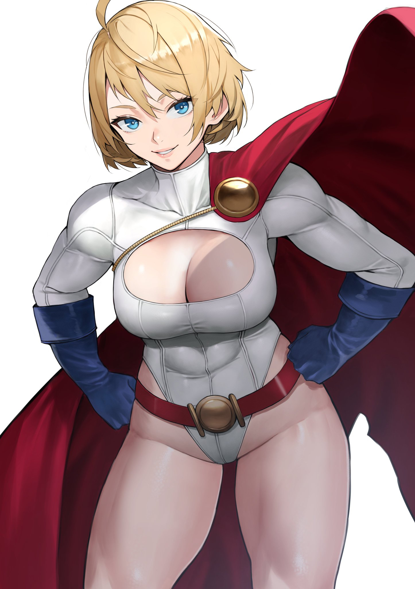 1girls, absurd res, big breasts, blonde hair, blue eyes, breasts, cleavage, dc, dc comics, female, female only, hi res, huge breasts, looking at viewer, power girl, smile, solo, superman (series), thighs, wide hips, yoshi55level