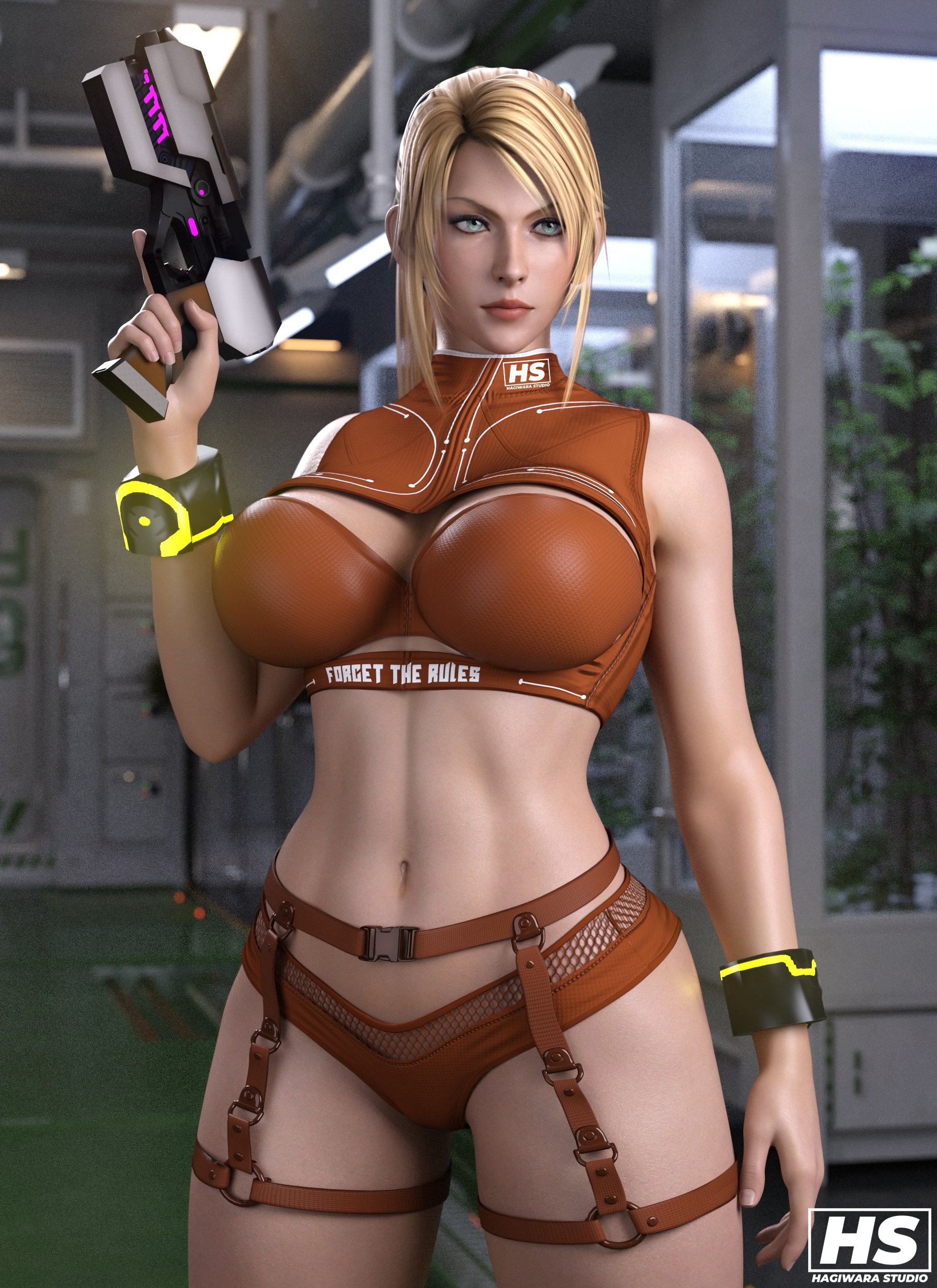 1girls, 3d, areolae, big breasts, blonde hair, breasts, female, female only, hagiwara studio, highres, metroid, pinup, samus aran, sarah bryant (model), skimpy, solo, solo female, virtua fighter