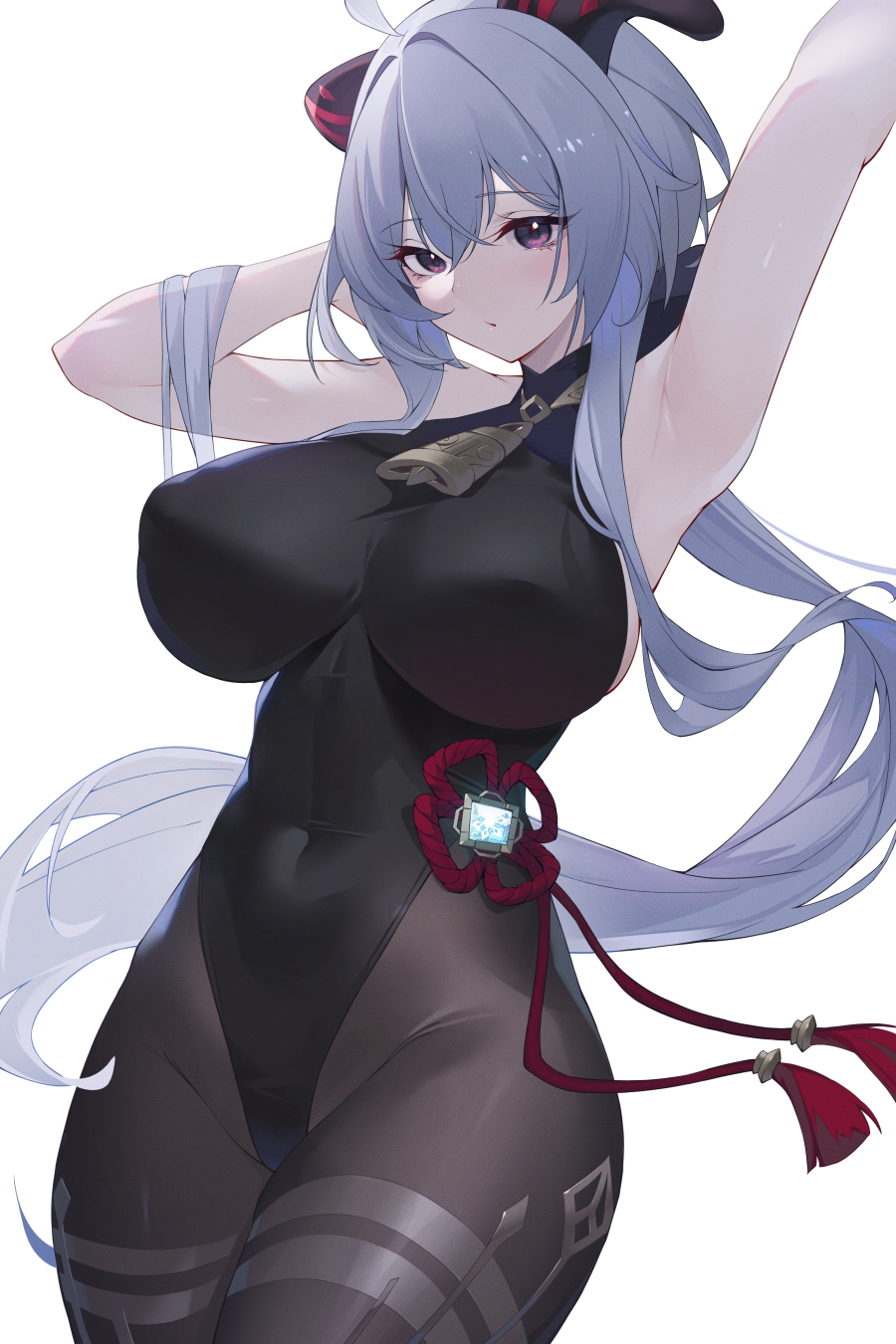 1girls, arm up, armpit, armpits, belly button visible through clothing, big breasts, blue hair, breasts, busty, child bearing hips, curvaceous, curves, curvy, curvy body, curvy female, curvy figure, curvy hips, female, female only, ganyu (genshin impact), genshin impact, goat horns, hips, horns, huge breasts, kaneko (bblogtinhan), large breasts, leotard, light blue hair, light skin, light-skinned female, pale skin, pale-skinned female, tagme, thick, tummy, white background, wide hips