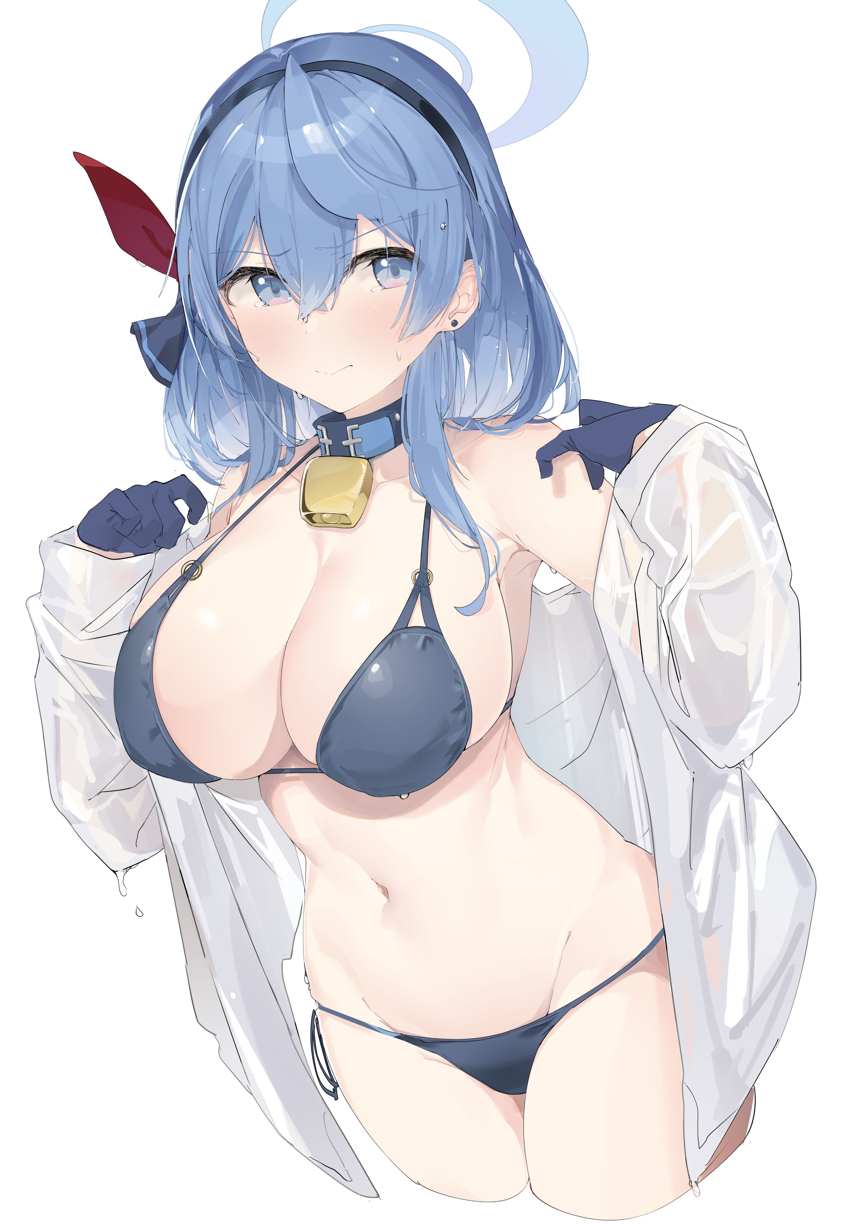 1girls, ako (blue archive), alreadyusedpai, bare shoulders, belly button, big breasts, bikini, blue archive, blue bikini, blue bikini bottom, blue bikini top, blue hair, blushing, breasts, cowbell, female, gehenna academy student, halo, hourglass figure, kuriimopie, large breasts, looking at viewer, pale skin, partially clothed, partially clothed female, prefect team (blue archive), solo, solo female, solo focus, thick thighs, thighs, wet clothes, wet shirt, wide hips, young