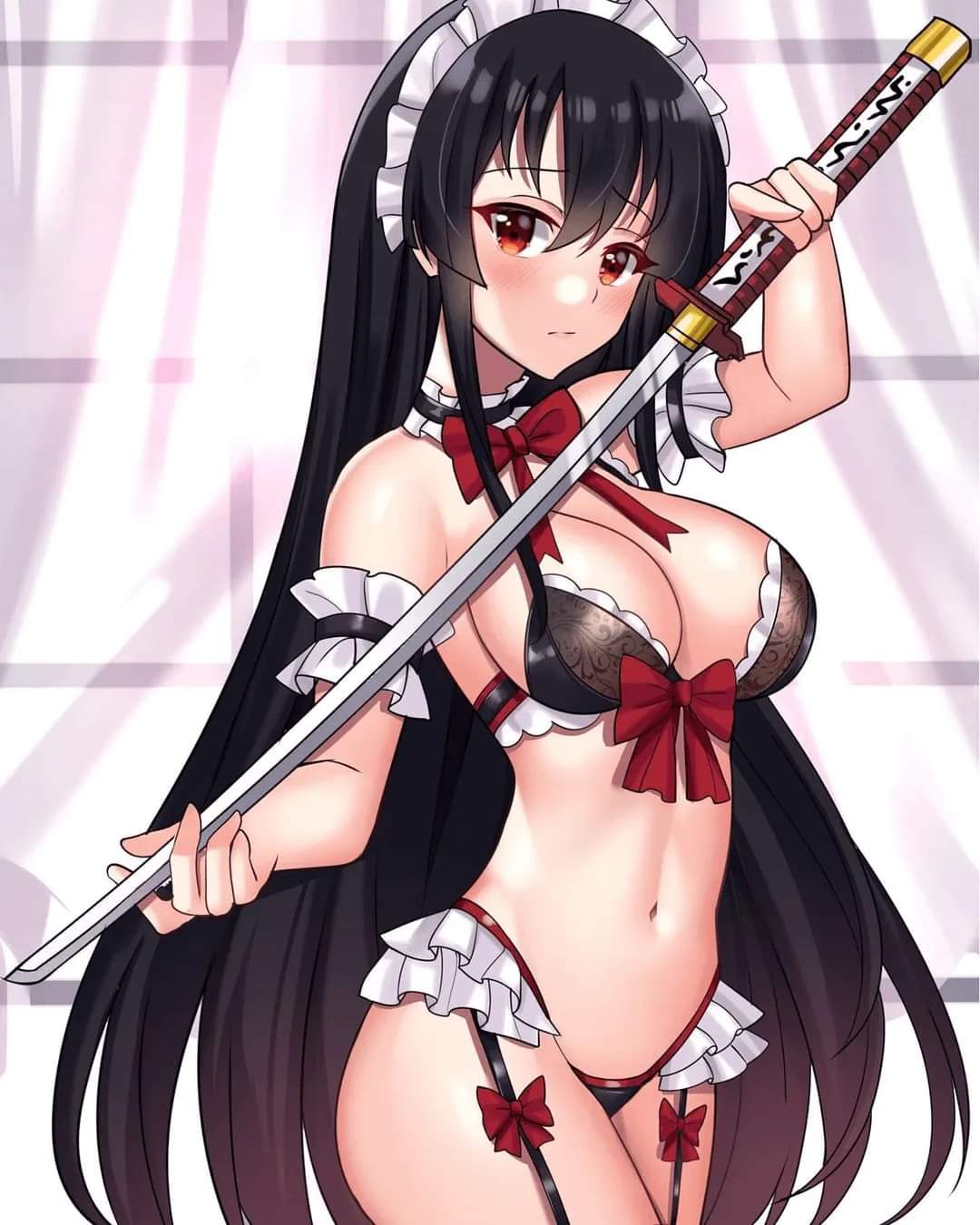 akame (akame ga kill!), akame ga kill!, alluring, artist request, big breasts, black hair, breasts, female, high res, katana, lingerie, maid, red eyes, sword, underwear, weapon