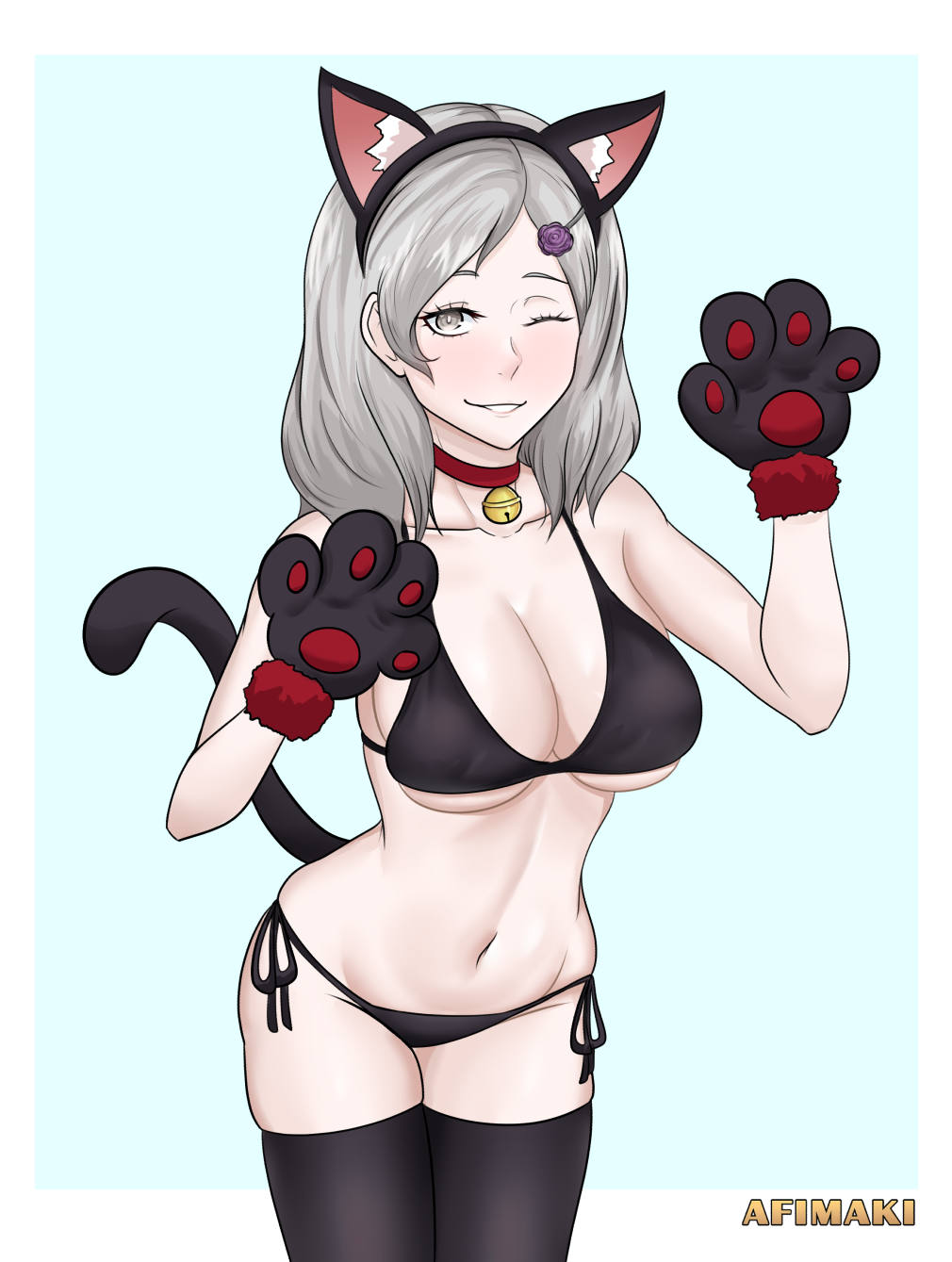 afimaki aged_up bikini cat_ears cat_paws cat_tail catgirl cleavage large_breasts looking_at_viewer metal_gear metal_gear_(series) metal_gear_rising metal_gear_solid sunny_gurlukovich thighhighs wink