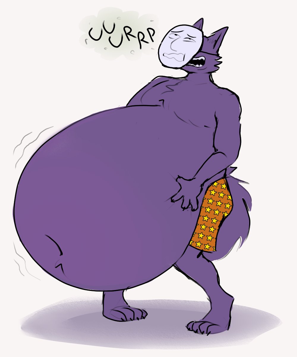 1boy 2021 4_fingers 4_toes anthro belly belly_button big_belly burping furry furry_only kedamono_(popee_the_performer) male mask navel obese obese_male open_mouth popee_the_performer purple purple_fur ruffythelion tummy wolf