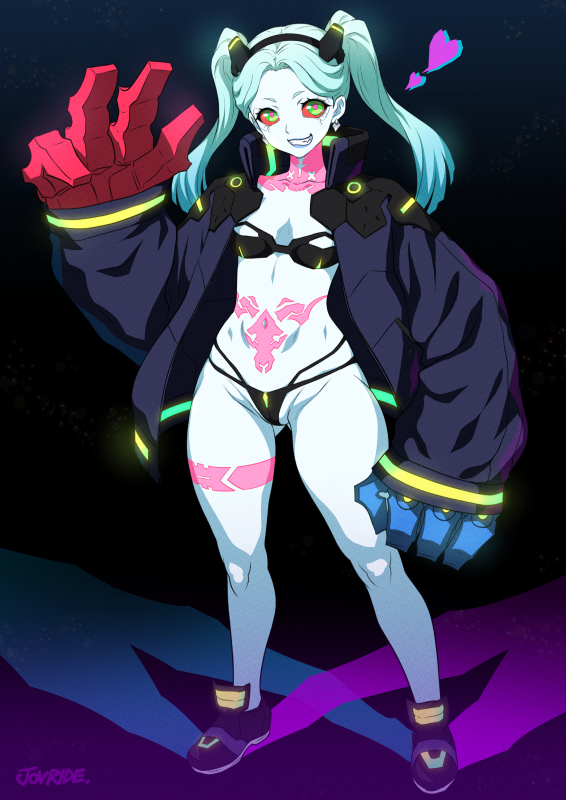 alone, belly, belly button, bra, breasts, clothing, cybernetics, cyberpunk 2077, cyberpunk: edgerunners, cyborg, earrings, eye contact, female, female focus, female only, footwear, green eyes, heart earrings, hearts, hearts around head, human, jacket, joy ride, light blue hair, light skin, light-skinned female, lights, looking at viewer, mechanical arms, micro bikini, outerwear, pale skin, pale-skinned female, panties, rebecca (edgerunners), red sclera, shortstack, small breasts, small eyebrows, small nose, smile, smiling, solo, solo female, standing, tattoo, thighs, thong, tomboy, twintails, very small nose1girls