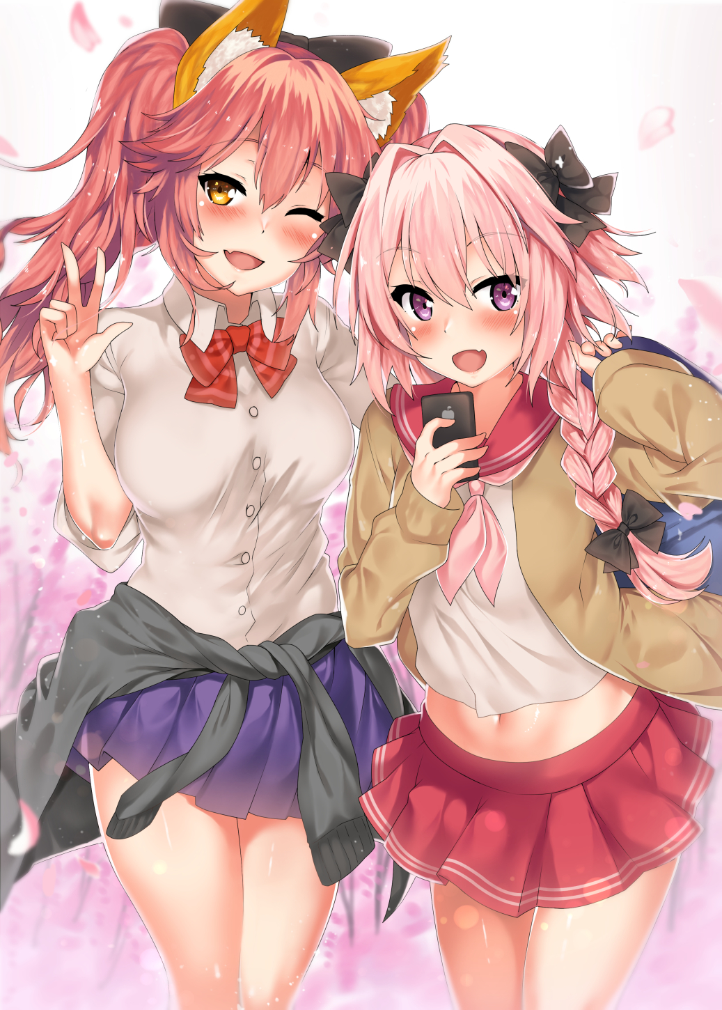 10s, 1boy, alternate costume, animal ear fluff, animal ears, astolfo (fate), black bow, blush, bow, braid, breasts, cellphone, clothes around waist, cowboy shot, fate (series), fate/extella, fate/extra, fate/grand order, female, femboy, fox ears, fox tail, highres, jacket, jacket around waist, kawai (purplrpouni), long braid, long hair, looking at viewer, male, medium breasts, multicolored hair, navel, oerba yun fang, official alternate costume, one eye closed, open mouth, phone, pink hair, purple eyes, school uniform, serafuku, single braid, skin fang, smartphone, smile, streaked hair, tail, tamamo no mae (fate), tamamo no mae (jk) (fate), trap, twintails, w, yellow eyes