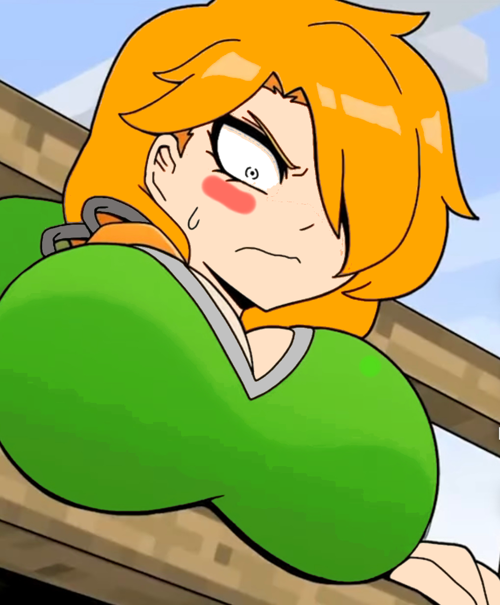 alex (minecraft), big breasts, blush, breasts, female, fence, hair over one eye, minecraft, orange hair, silpaeja, steve you gotta help me i'm stuck, stuck, stuck in fence, stuck in object, sweatdrop