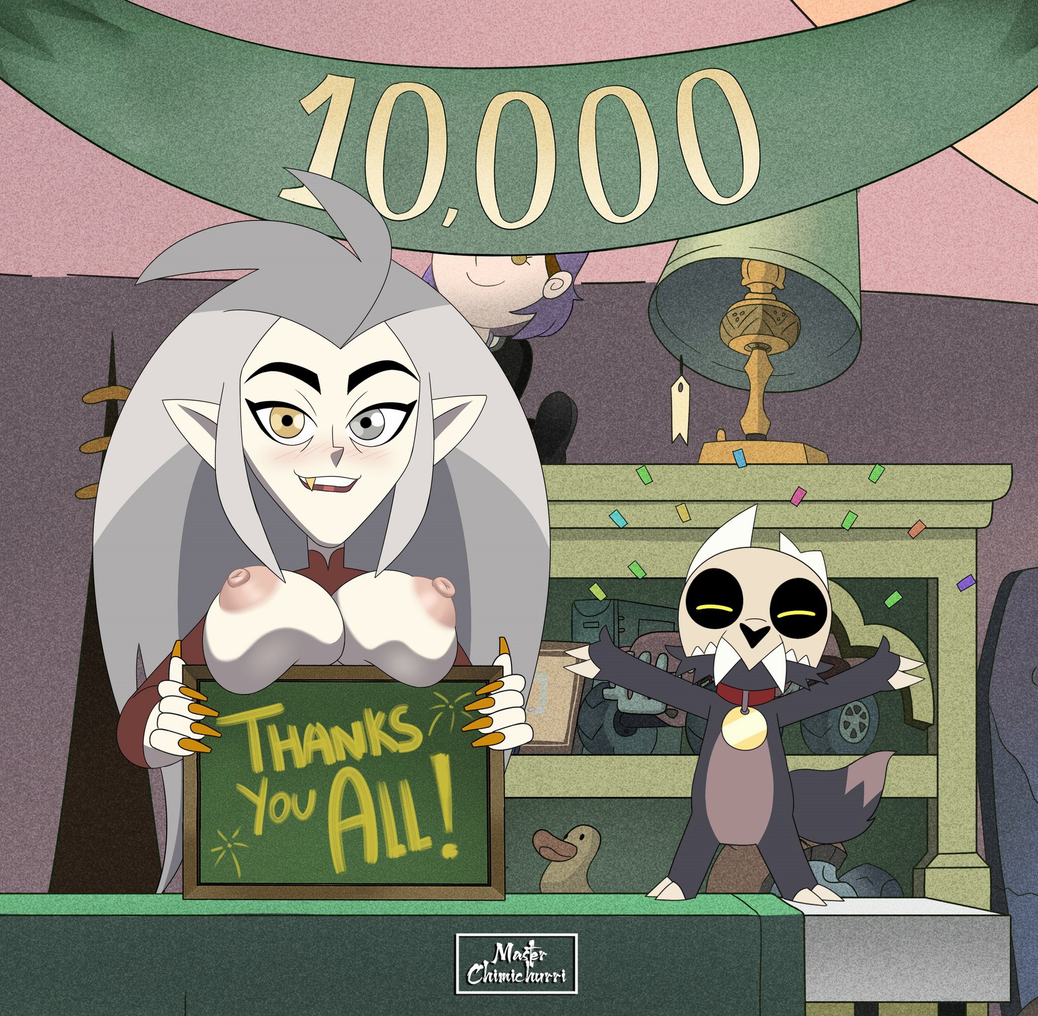 1girls, 2girls, amity blight, blush, breasts, celebration, demon, disney, disney channel, disney xd, eda clawthorne, female, follower celebration, grey hair, heterochromia, king clawthorne, long nails, master chimichurri, milestone celebration, nipples, number, purple hair, sign, squished breasts, tagme, the owl house, tits