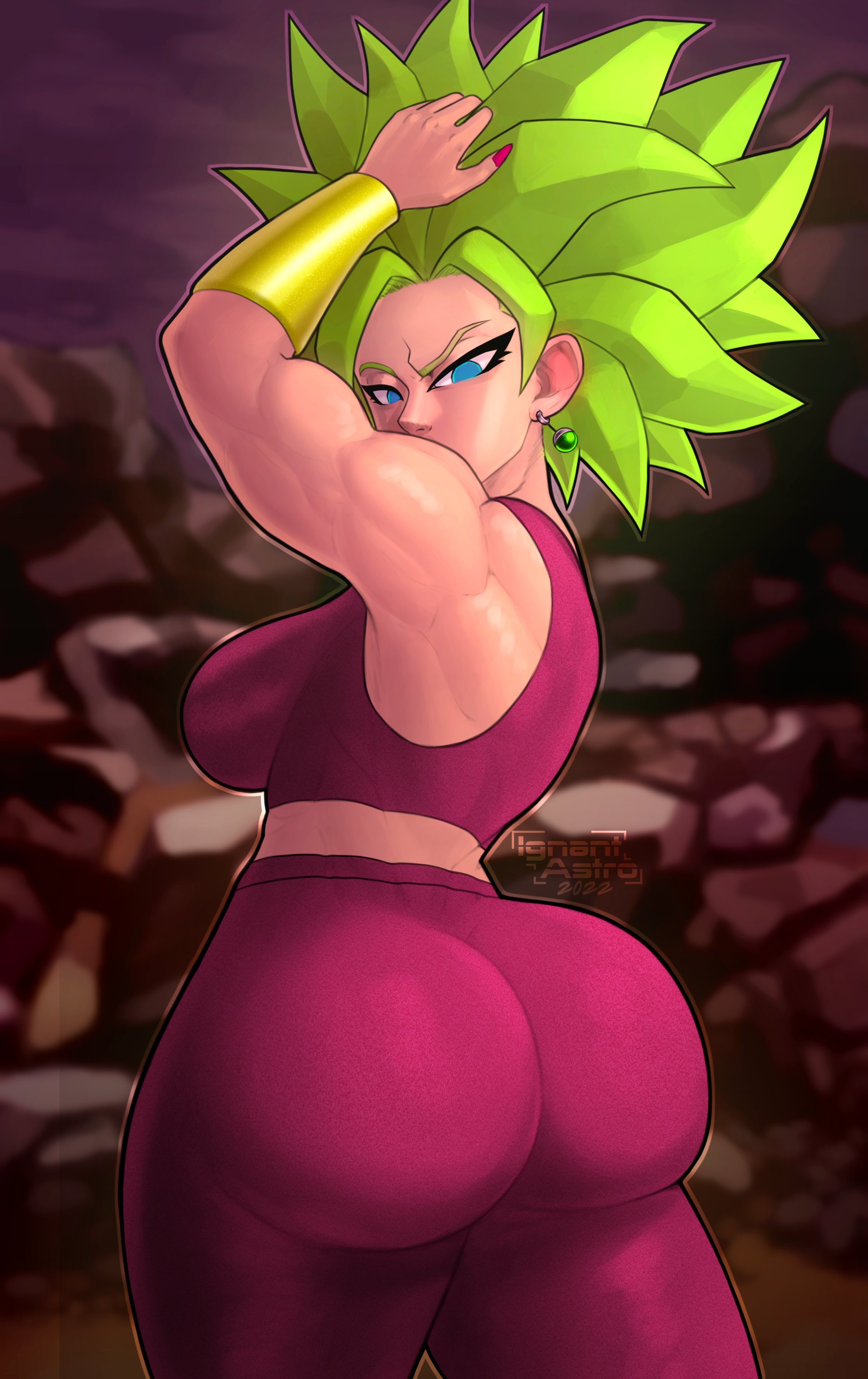 1girls, ass, big ass, big breasts, big butt, blue eyes, breasts, dragon ball, dragon ball super, eye contact, female, fully clothed, green hair, huge ass, huge butt, ignantastro, kefla, legendary super saiyan, looking at viewer, looking back, muscular, muscular female, saiyan, sideboob, solo, solo female, standing, super saiyan, super saiyan 2, thick thighs, thighs, tight pants