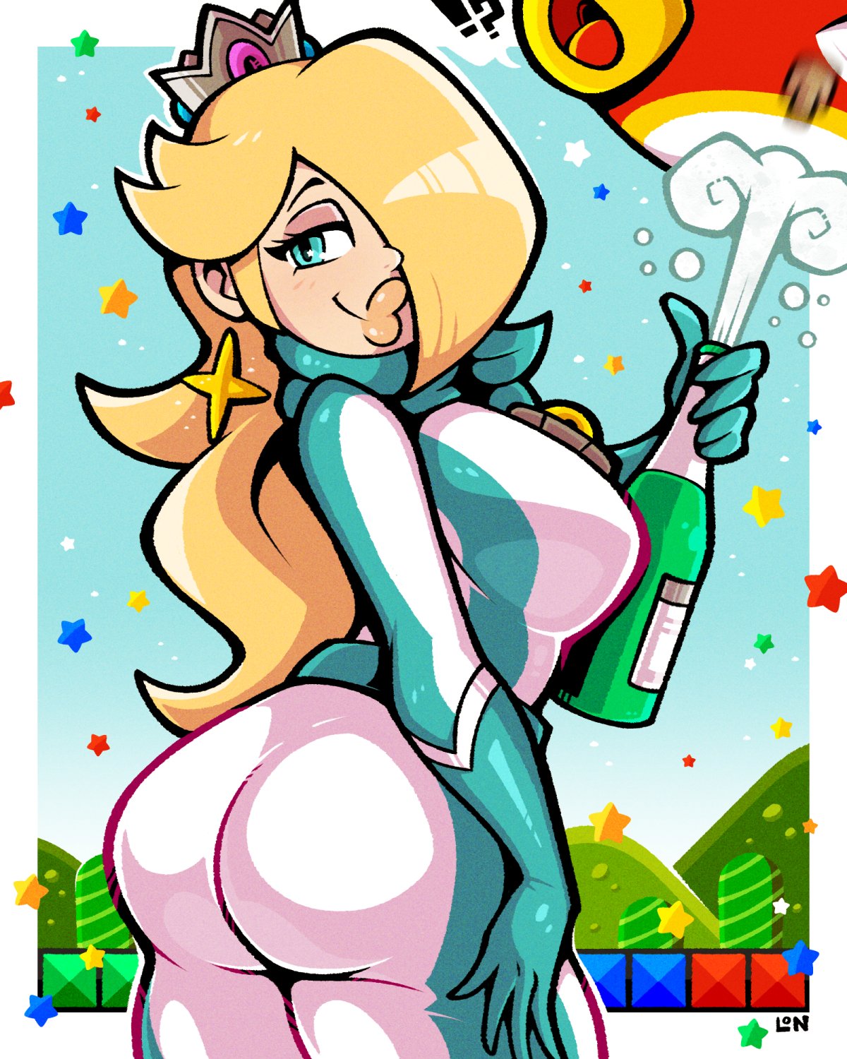 1girls, ass, big ass, big breasts, bimbo, blonde hair, blue eyes, bodysuit, breasts, celebration, champagne, clothed, clothing, crown, earrings, female, happy, legendofnerd, mario (series), mario kart, motorcycle suit, nintendo, one eye covered, princess rosalina, sideboob, solo, thick lips, victory, winner