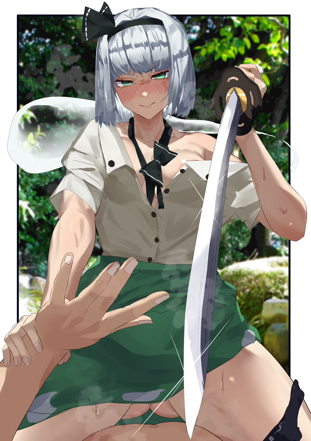 1boy, 1girls, anger vein, angry, areolae slip, arm grab, ass visible through thighs, bangs, black neckwear, black panties, blush, bob cut, bowtie, breasts, embarrassed, female, female on top, femdom, glaring, green eyes, green skirt, hairband, holding sword, holding weapon, imminent rape, imminent sex, katana, kikimifukuri, looking at viewer, male, male pov, outside, panties, panties around leg, pov, pov hands, shirt, short hair, short sleeves, silver hair, skirt, small breasts, smell, steam, straight, sweat, sweaty, sword, tagme, touhou, unbuttoned, white shirt, youmu konpaku