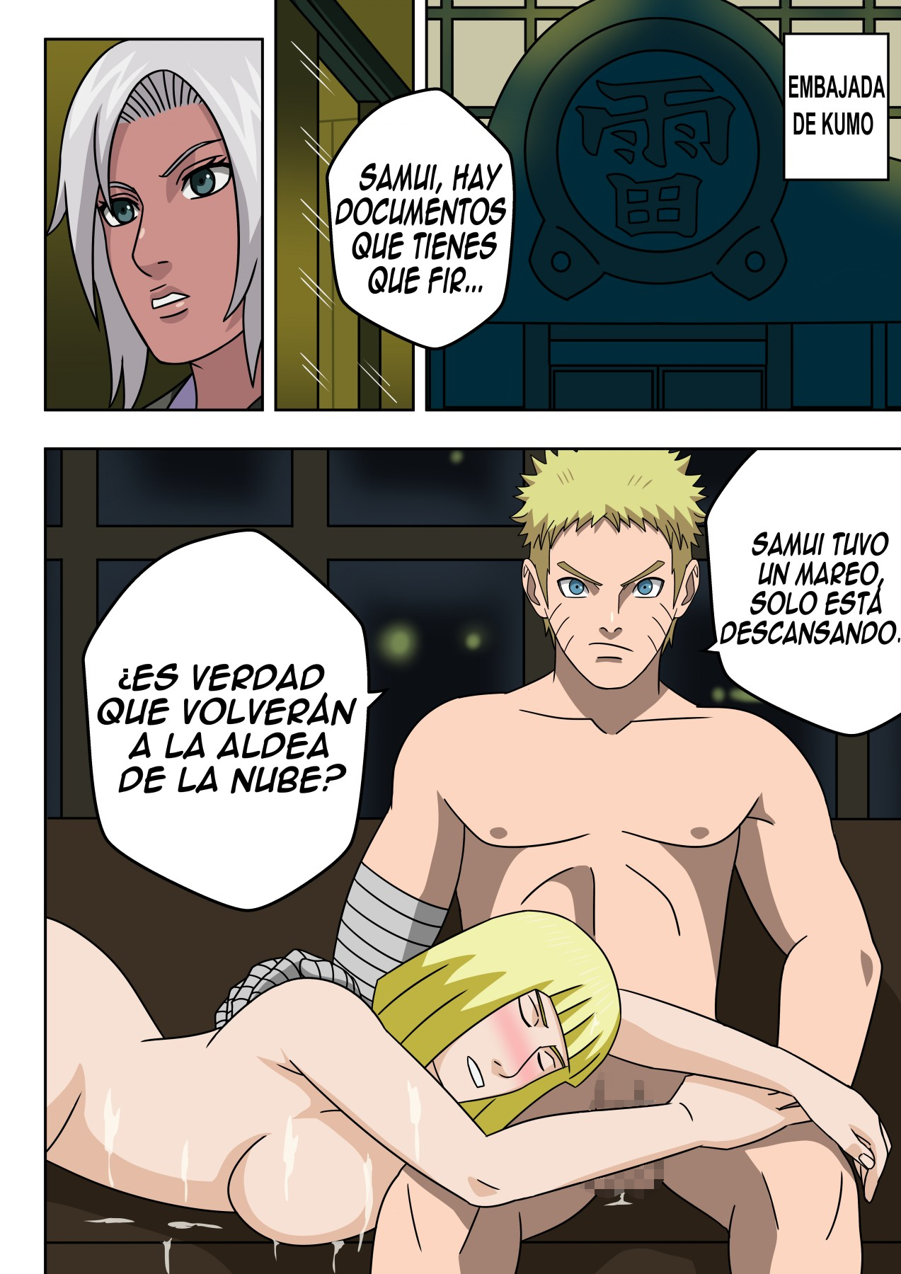 1boy, 2girls, after sex, bandage, bandaged arm, blonde hair, blue eyes, blue hair, blunt bangs, blush, bob cut, boruto: naruto next generations, breasts, caught, caught in the act, censored, closed eyes, comic, cum, cum on arm, cum on body, cum on breasts, cum trail, cumdrip, dialogue, exhausted, female, huge breasts, long hair, lying, lying on person, lying on stomach, mabui, male, mature, mature female, naruto, naruto (series), naruto shippuden, naruto: the last, ninrubio, on stomach, resting, samui, sideboob, silver hair, sleeping, sleeping on person, spanish text, speech bubble, story, talking, talking to another, talking to partner, text, tired, uzumaki naruto, voluptuous, walk-in, yellow hair
