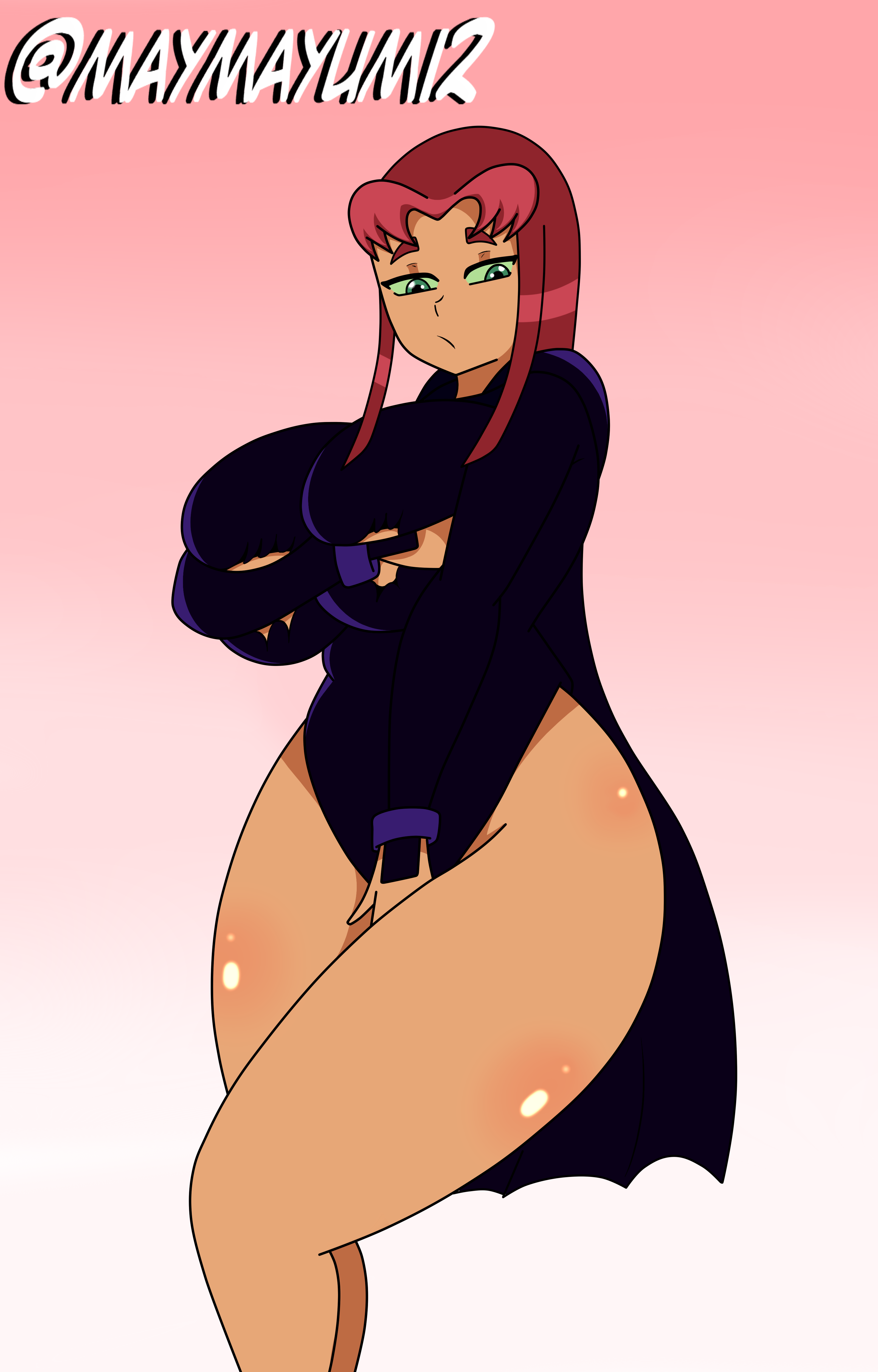 1girls, bare thighs, big breasts, breasts, busty, clothed, cosplay, costume, costume switch, covering crotch, curvy, dc, dc comics, embarrassed, female, female only, green eyes, huge breasts, large breasts, leotard, maymayumi2, orange body, orange skin, rachel roth, raven (cosplay), raven (dc), red eyebrows, red hair, revealing clothes, simple background, skimpy, starfire, straight hair, teen titans, thick, thick thighs, thighhighs, thighs, warner brothers, wide hips