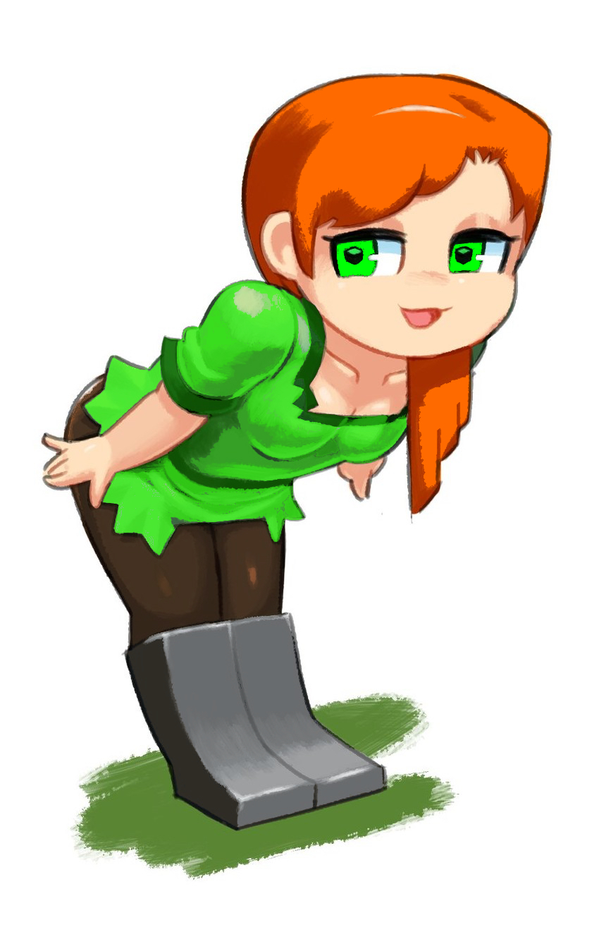 1girls :3 adorable alex_(minecraft) bending_over bent_over big_ass big_butt boots chibi cleavage cute green_eyes green_shirt hair_over_shoulder looking_at_viewer minecraft minus8 mouth_open open_mouth orange orange_hair pantyhose shirt small_breasts smile solo solo_female square_eyes thick_thighs white_background