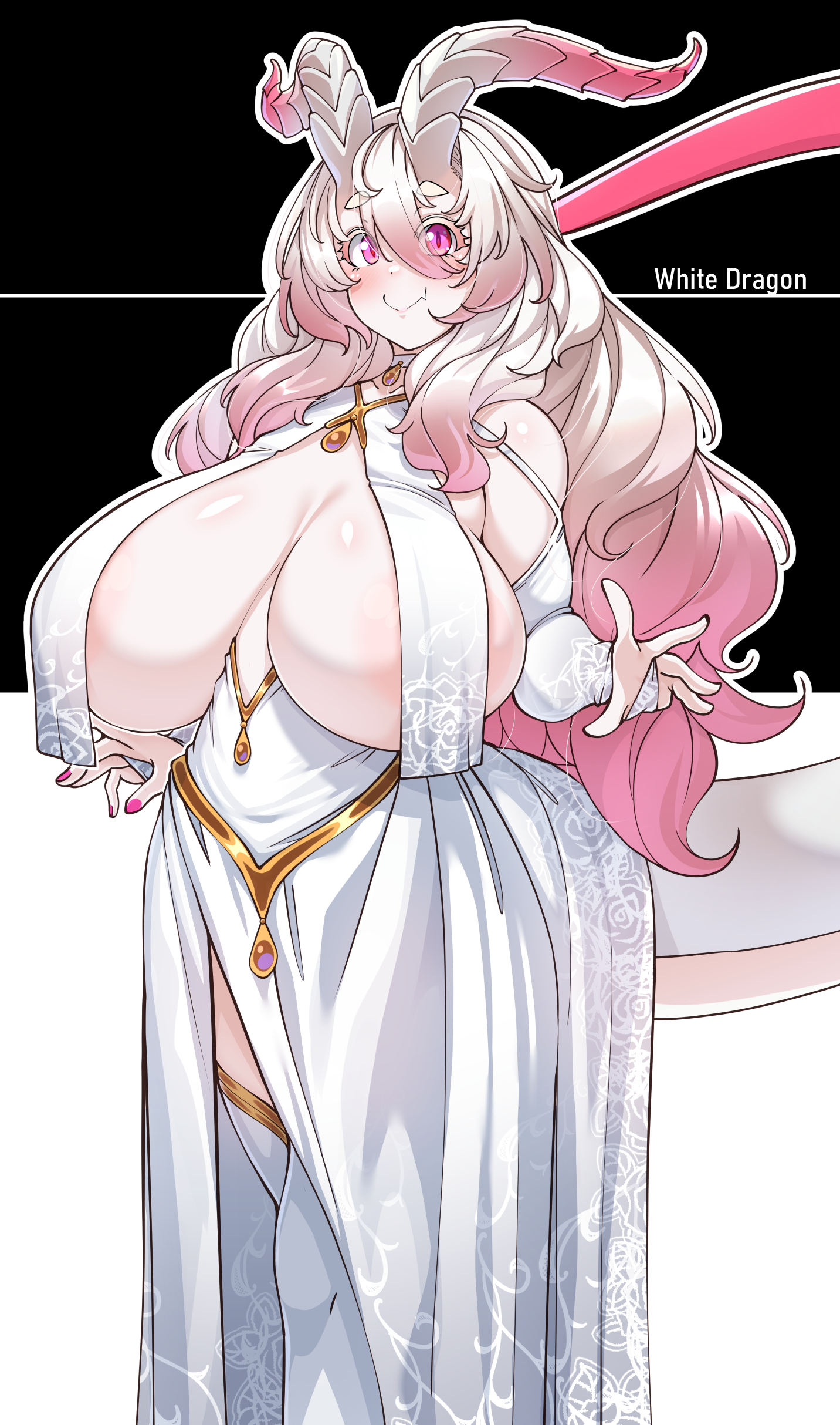 1girls, absurd res, animal humanoid, big breasts, blush, breast curtains, breasts, bridal gauntlets, clothing, collar, colored nails, covering, covering breasts, dragon, dragon girl, dragon humanoid, dress, fangs, female, female only, gigantic breasts, hair, hi res, horn, horns, huge breasts, humanoid, konoshige (ryuun), legwear, long hair, nails, original, pantyhose, pink eyes, pink hair, ryuun (stiil), skin fang, smile, solo, thighhighs, two-tone hair, white dragon, white dragon (konoshige), white hair, white thighhighs