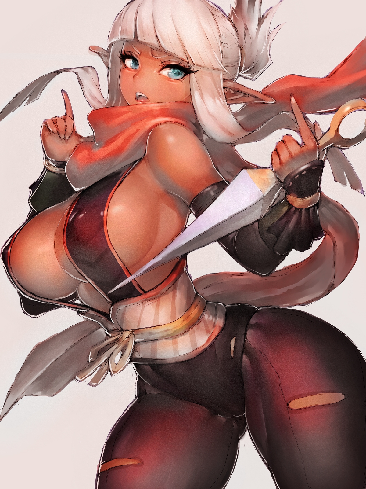 arched back, areolae, bangs, belly button, blue eyes, blunt bangs, breasts, cleavage, dark elf, dark skin, dark-skinned female, detached sleeves, dnf duel, dungeon and fighter, elf, elf ears, elf female, eyelashes, female, fumio (rsqkr), inner sideboob, kunai, kunoichi, kunoichi (dungeon and fighter), large breasts, looking at viewer, navel line, nipple bulge, nipples, pantyhose, pointy ears, puffy nipples, revealing clothes, scarf, sideboob, skimpy, thick thighs, thighs, white hair