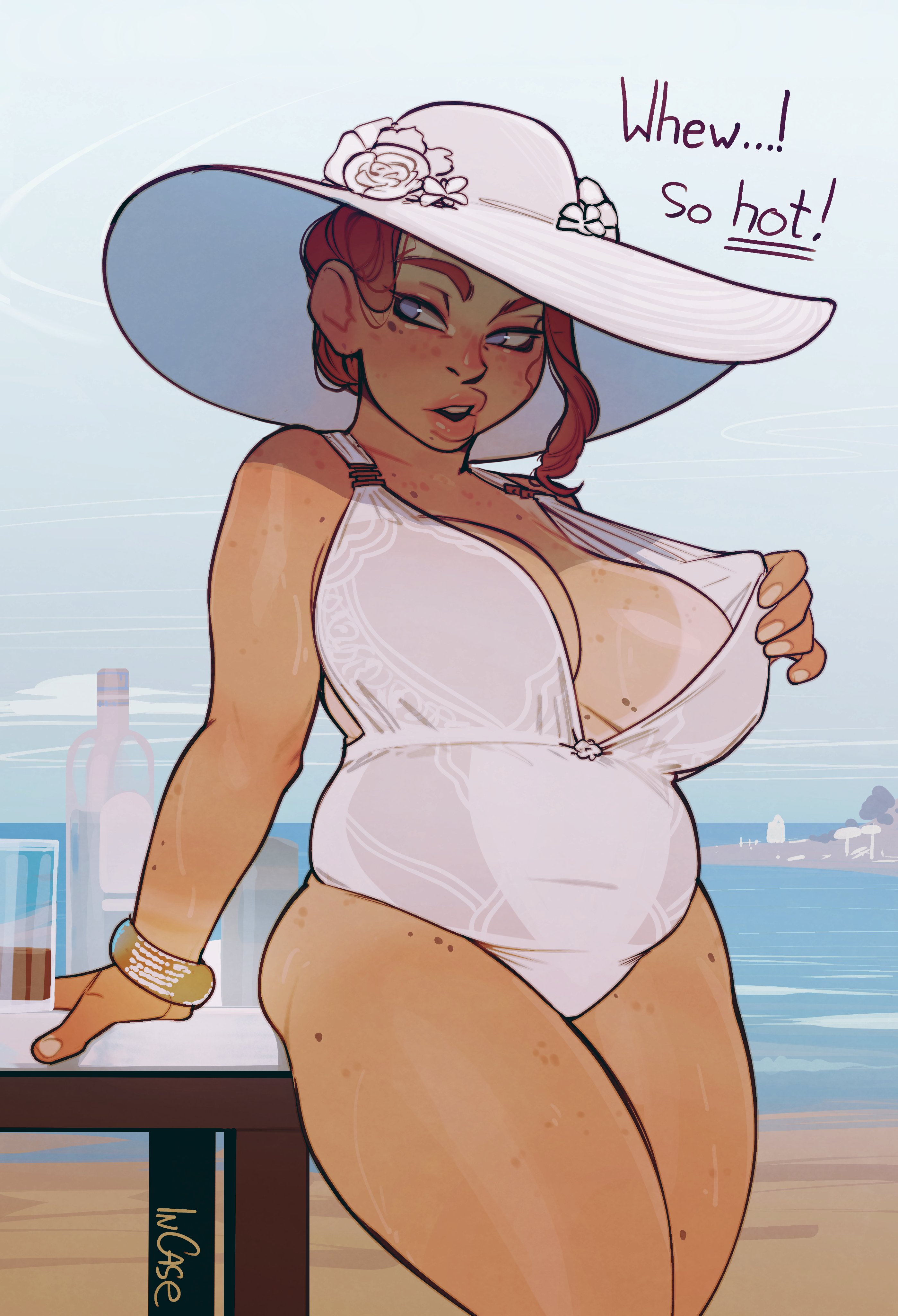 1girls, absurd res, bbw, beach, belly, blue eyes, chubby, chubby female, dialogue, english text, female, female only, ginger, ginger hair, hat, incase, large hat, light skin, light-skinned female, looking at viewer, mature female, milf, mole, moles, orange hair, pale skin, pale-skinned female, red hair, redhead, seaside, slightly chubby, solo, solo female, swimsuit, talking to viewer, tan body, tan skin, thick thighs