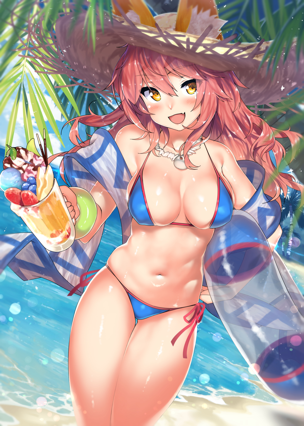 animal_ear_fluff animal_ears bangs bare_shoulders beach bikini blue_bikini blue_sky blush bracelet breasts cleavage cloud collarbone commentary_request cup day ears_through_headwear fate/grand_order fate_(series) female fox_ears fox_girl hair_between_eyes hat highres holding holding_cup holding_innertube innertube jewelry kawai_(purplrpouni) long_hair looking_at_viewer medium_breasts navel necklace ocean oerba_yun_fang open_mouth outdoors palm_tree pink_hair sand side-tie_bikini_bottom sky smile solo standing straw_hat swimsuit tamamo_no_mae_(fate) tamamo_no_mae_(swimsuit_lancer) tree water yellow_eyes