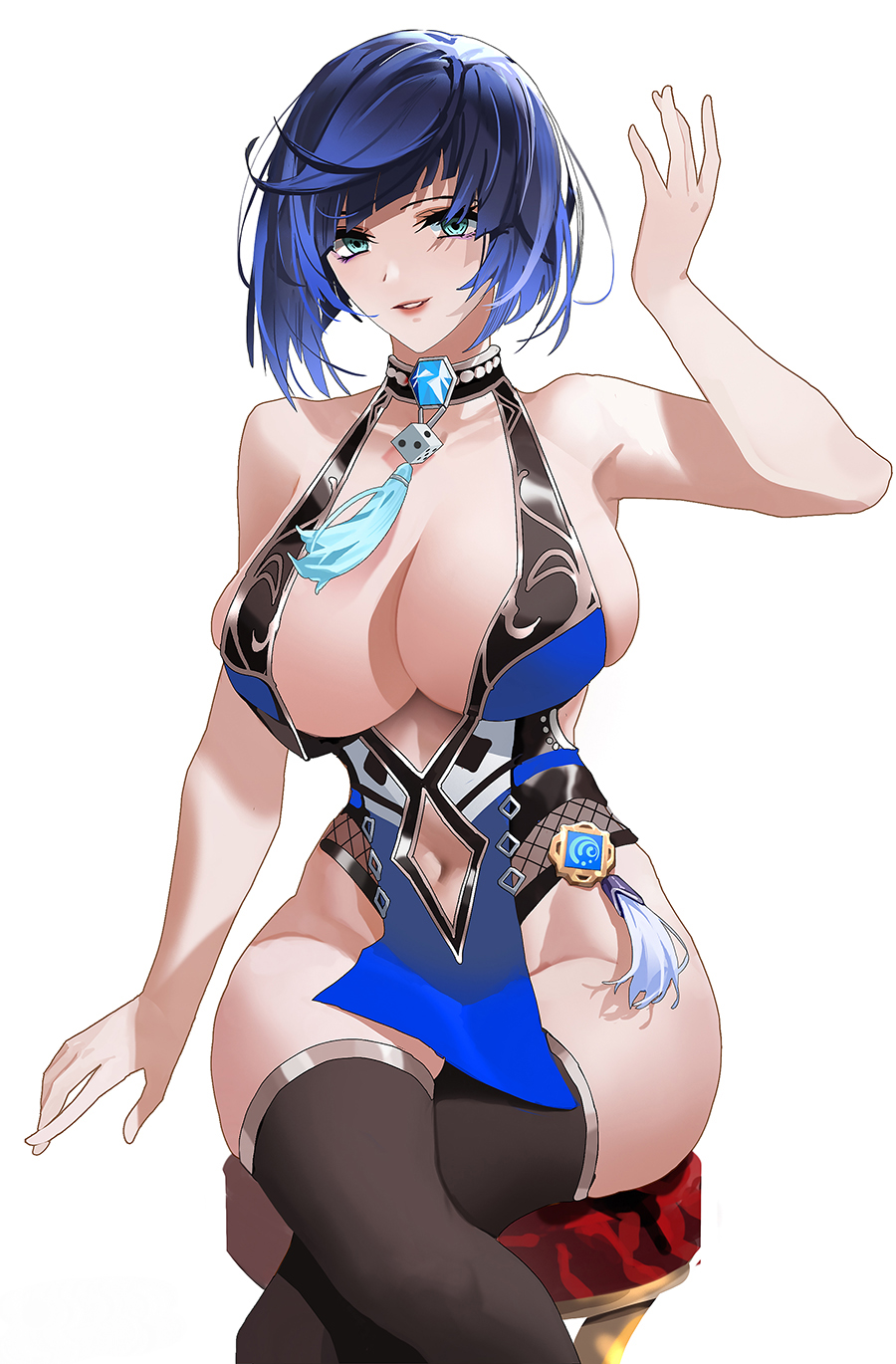 1girls arm_up armpit arms_up ashui_ku belly_button big_breasts blue_eyes blue_hair bob_cut breasts busty chair child_bearing_hips crossed_legs crossing_legs female female_only genshin_impact hips huge_breasts large_breasts legs_crossed milf revealing_clothes sitting sitting_down slutty_outfit thick thick_thighs thigh_highs thighhighs thighs wide_hips yelan_(genshin_impact)