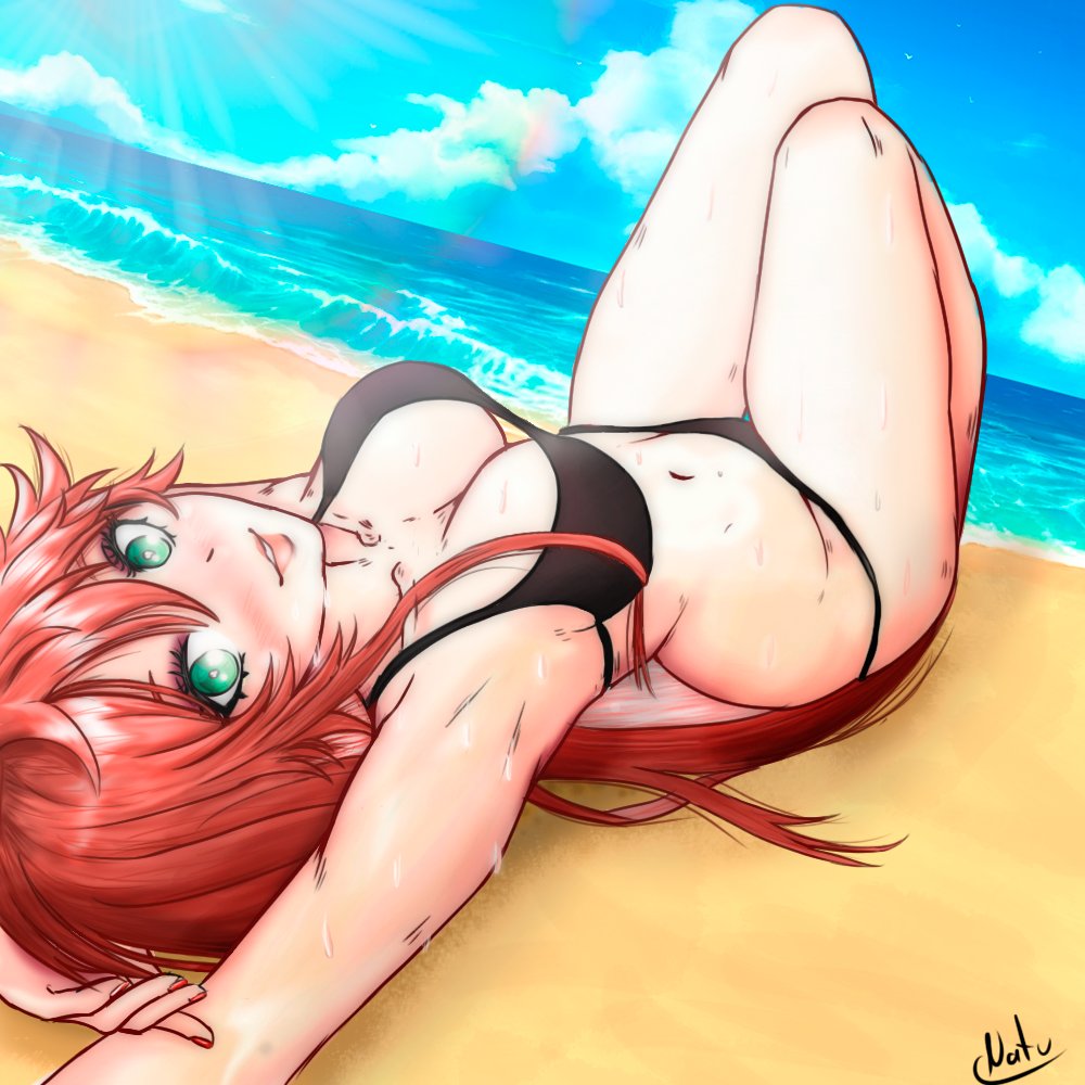 1girls, arms up, artist request, beach, belly, belly button, big breasts, breasts, female, female only, ginger, ginger hair, green eyes, guilty gear, jack-o' valentine, large breasts, laying down, laying on back, lipstick, looking at viewer, looking back, natuelchido, orange hair, red hair, redhead, sea, swimsuit, swimwear, thick, thick thighs, thighs, tummy, wet, wet body