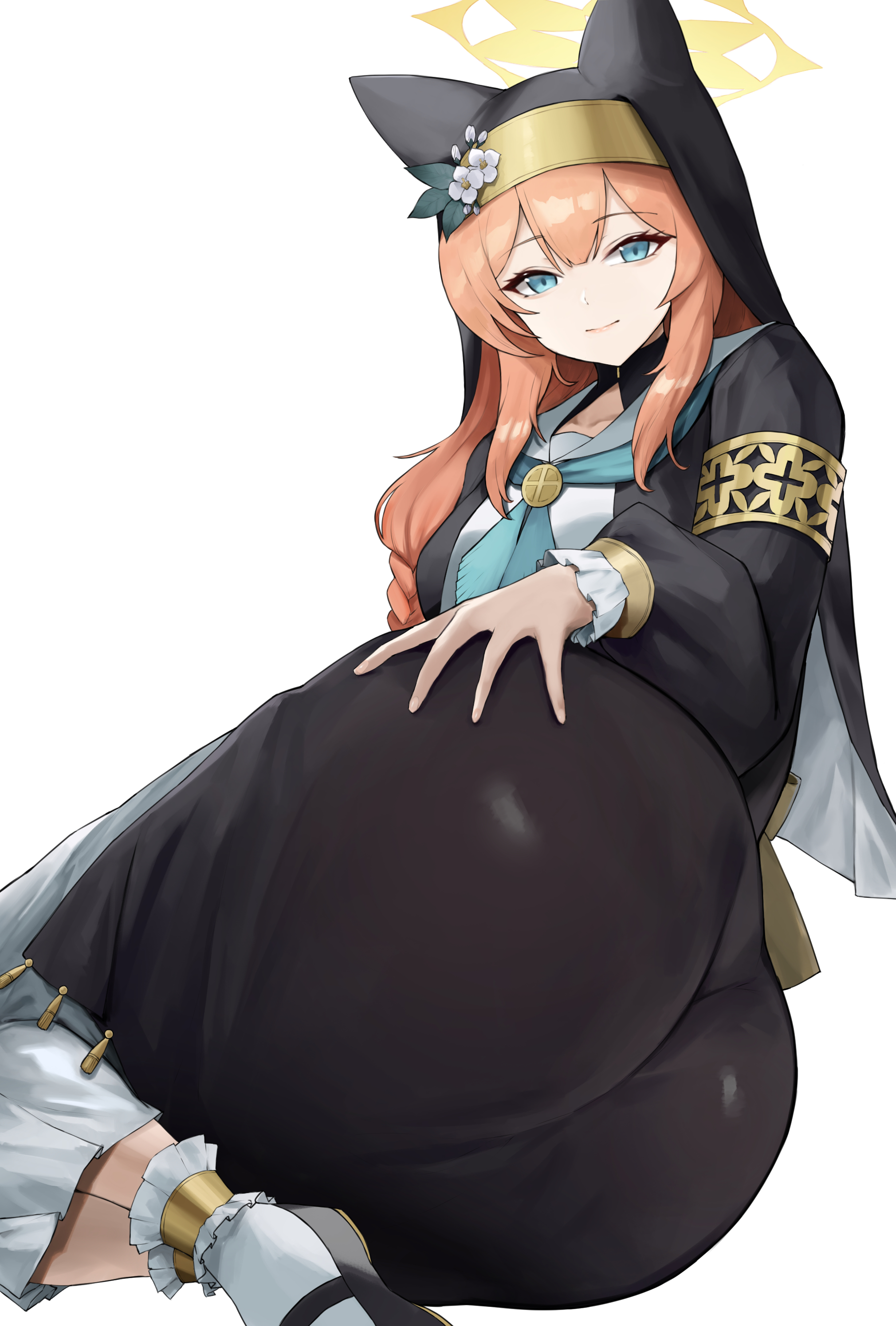 1girls, ass, ass grab, big ass, blue archive, blue eyes, eye contact, female, female only, flats, fully clothed, grabbing own ass, kataku musou, light skin, looking at viewer, mari (blue archive), mary janes, redhead, shoes, sisterhood (blue archive), solo, solo female, thick thighs, trinity general school student, white background