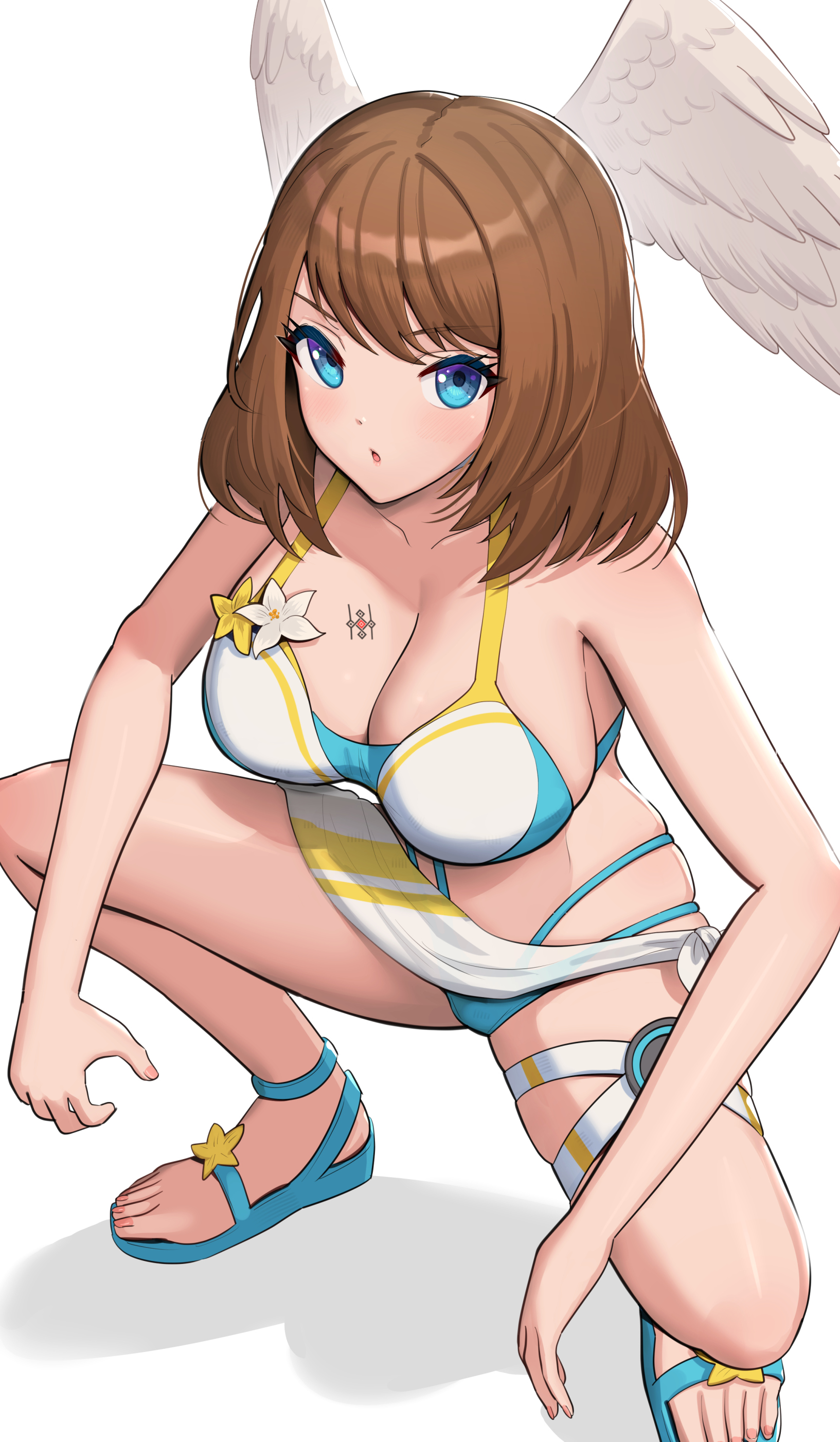 1girls, 2022, alternate breast size, athletic, athletic female, bikini, blue eyes, breasts, brown hair, busty, chestnut mouth, cleavage, eunie (xenoblade), female, female only, gonzarez, head wings, huge breasts, light skin, light-skinned female, looking at viewer, medium hair, nintendo, sandals, solo, solo female, squatting, swimsuit, thick thighs, thighs, toes, xenoblade (series), xenoblade chronicles 3