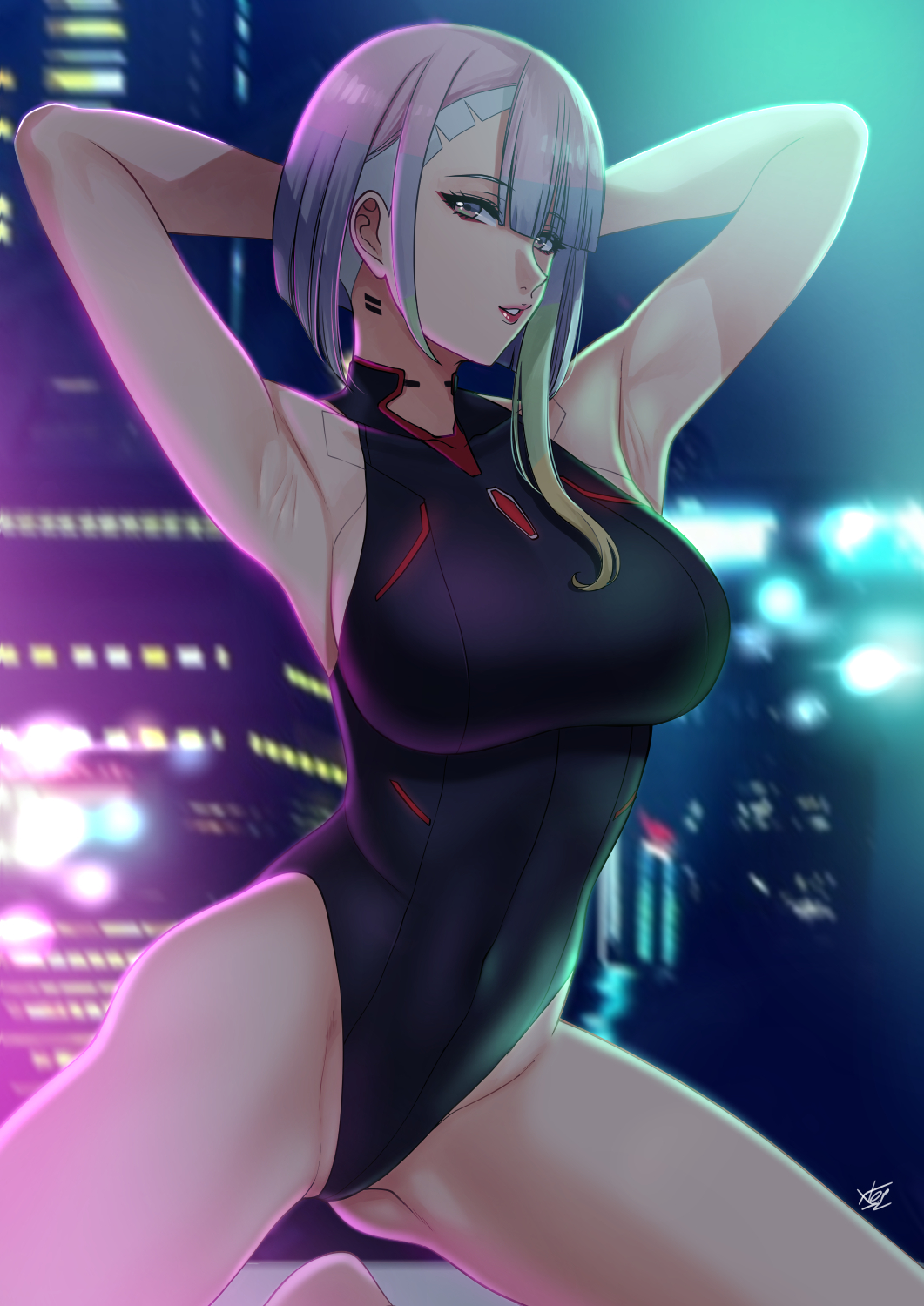 1girls, alternate version available, armpits, arms above head, arms around neck, arms behind, arms behind head, arms held back, athletic, athletic female, big breasts, bob cut, breasts, cd projekt red, cyberpunk 2077, cyberpunk: edgerunners, female, hand on head, hands behind head, looking at viewer, lucyna kushinada, multicolored hair, netflix, no source, one-piece swimsuit, sexy armpits, silver hair, small mouth, small nose, solo, solo focus, studio trigger, tagme, thin eyebrows, tomboyish, two-tone hair, xtermination