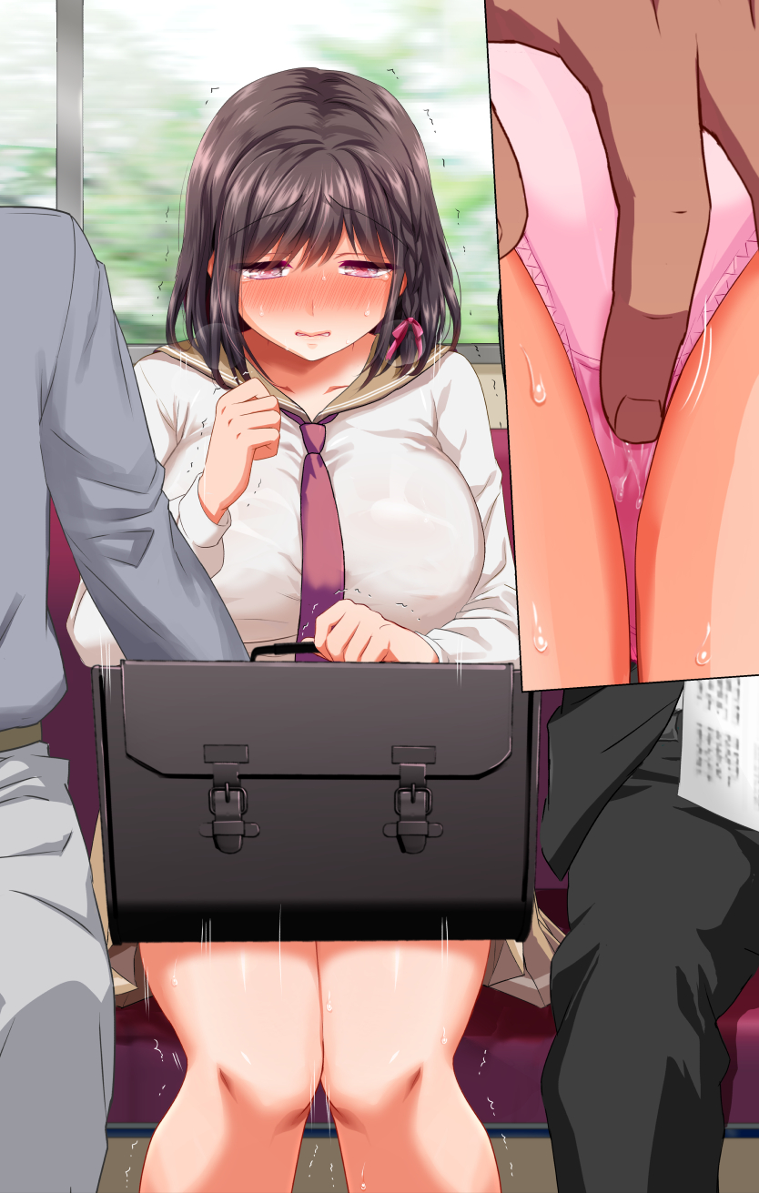 2boys aneshiko bag bangs blush braid breasts breath brown_hair brown_sailor_collar brown_skirt chikan clenched_hands clenched_teeth clitoral_stimulation close-up collarbone commentary_request female fingering fingering_through_clothes hair_ribbon half-closed_eyes hand_up highres holding holding_bag indoors knees_together_feet_apart large_breasts long_sleeves looking_down miniskirt multiple_boys multiple_views necktie nose_blush original panties pink_eyes pink_panties pink_ribbon pleated_skirt pussy_juice red_necktie ribbon sailor_collar school_bag school_briefcase school_uniform seat serafuku shiny shiny_clothes shiny_hair shirt short_hair sidelocks single_braid sitting skirt solo_focus straight straight-on sweat tears teeth through_clothes train_interior trembling underwear wet wet_clothes wet_panties white_shirt window