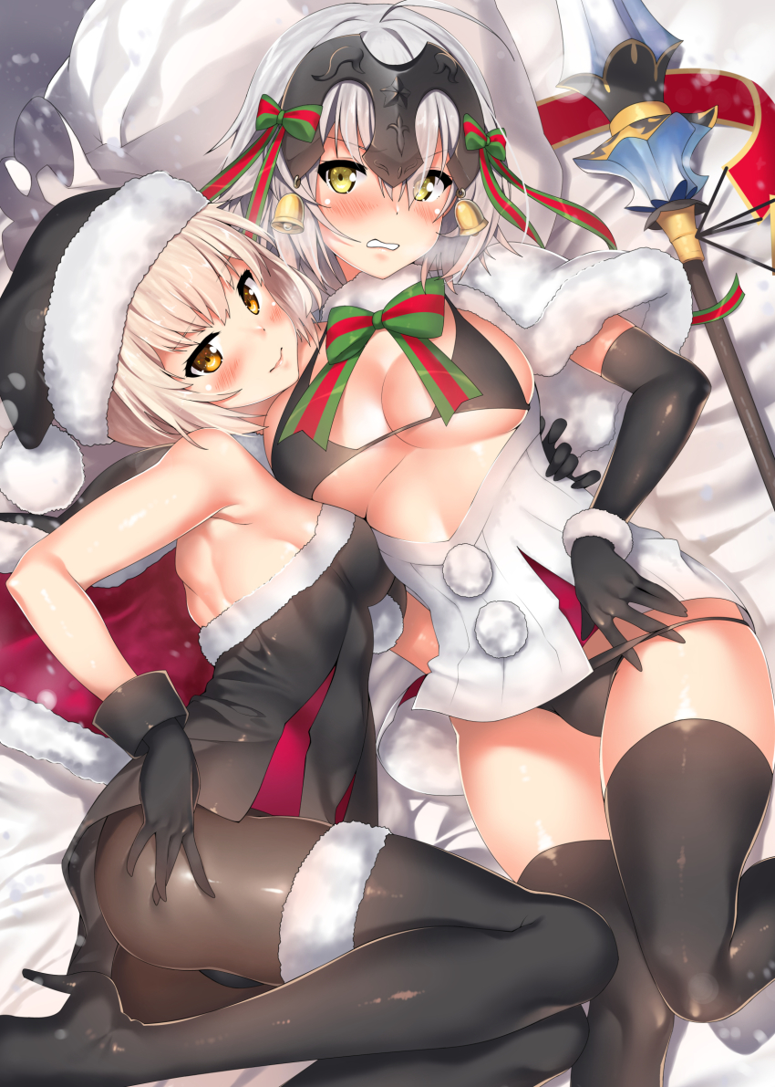 2girls aged_up artoria_pendragon_(all) artoria_pendragon_(fate) ass bell black_bra black_gloves black_legwear black_panties blonde_hair blush boots bra breasts capelet christmas cosplay elbow_gloves fate/grand_order fate_(series) fur_trim gloves gothic_lolita hat headpiece highres jeanne_alter jeanne_d'arc_(fate) jeanne_d'arc_alter_(avenger)_(fate) jeanne_d'arc_alter_(fate) jeanne_d'arc_alter_santa_lily_(fate) jeanne_d'arc_alter_santa_lily_(fate)_(cosplay) jingle_bell kawai_(purplrpouni) large_breasts lolita_fashion long_hair looking_at_viewer multiple_girls panties pantyhose parted_lips polearm saber_alter sack santa_alter santa_hat spear thighhighs underwear weapon yellow_eyes