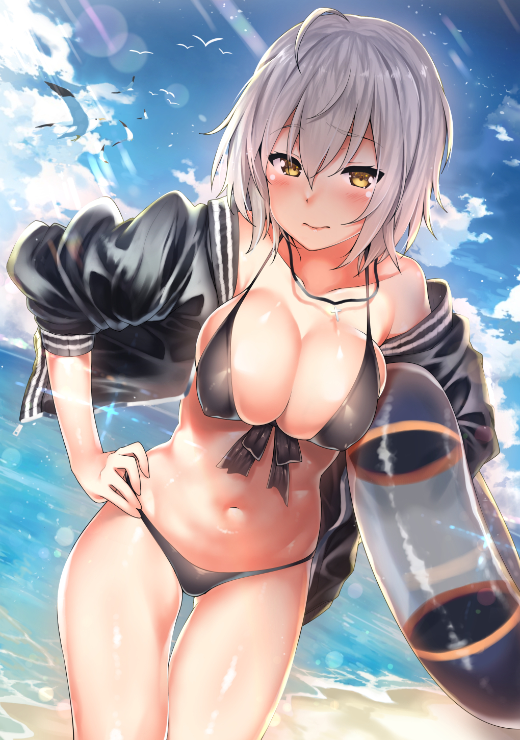 3: ahoge beach bikini bird black_bikini blue_sky blush breasts closed_mouth cowboy_shot day dutch_angle fate/grand_order fate_(series) female front-tie_bikini_top front-tie_top hand_on_hip highres innertube jacket jeanne_alter jeanne_d'arc_(fate) jeanne_d'arc_alter_(avenger)_(fate) jeanne_d'arc_alter_(fate) jewelry kawai_(purplrpouni) large_breasts looking_at_viewer navel necklace off_shoulder open_clothes open_jacket outdoors rosary shiny shiny_skin short_hair silver_hair sky solo sunlight swimsuit yellow_eyes