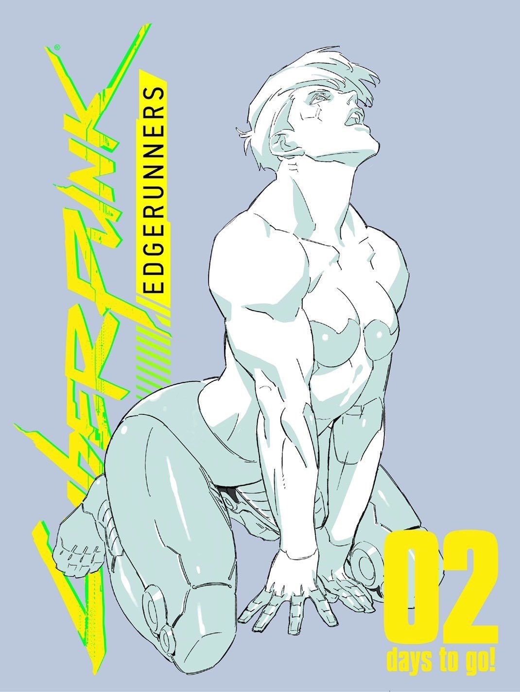 1girls, covered nipples, cybernetics, cyberpunk 2077, cyberpunk: edgerunners, cyborg, dorio (edgerunners), english text, female, female only, grey background, kaneko yuuto, kneeling, looking up, monochrome, muscular, muscular female, netflix, no artist signature, official art, short hair, toned, toned female